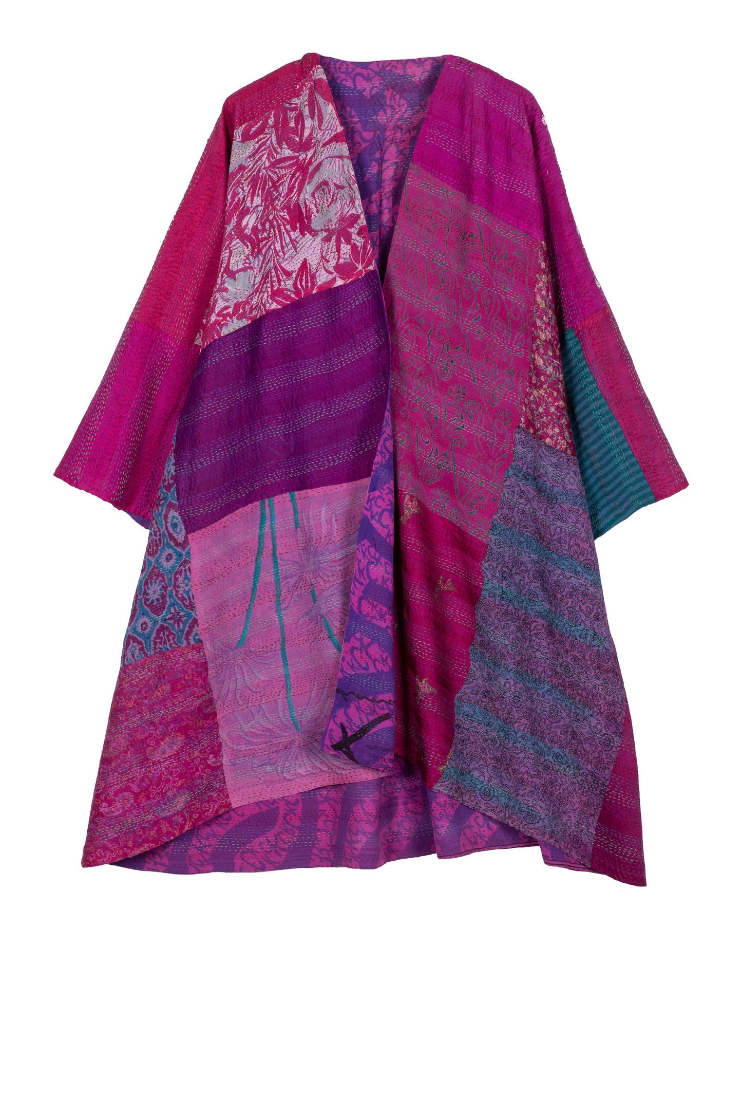 GEORGETTE VINTAGE SILK PATCH KANTHA KIMONO DUSTER - gs2317-pik -