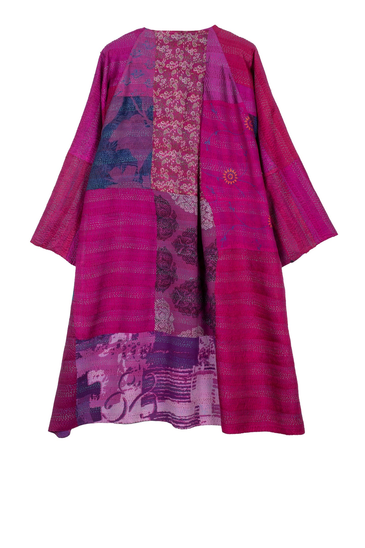 GEORGETTE VINTAGE SILK PATCH KANTHA KIMONO DUSTER - gs2317-pik -