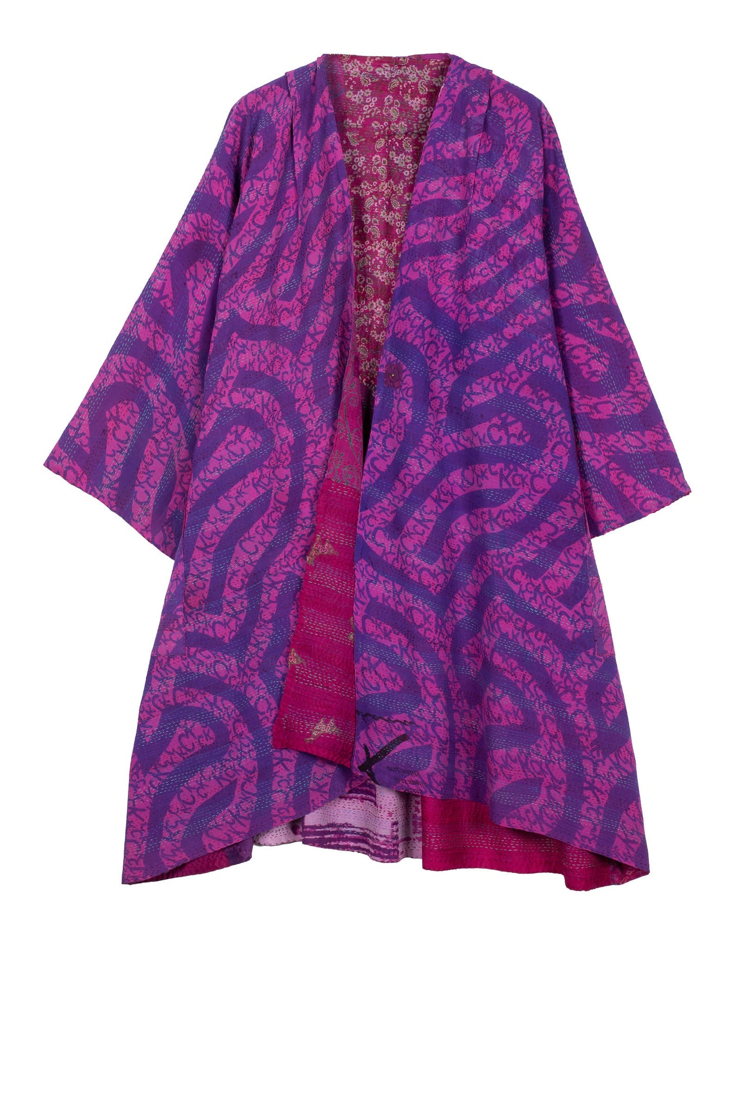 GEORGETTE VINTAGE SILK PATCH KANTHA KIMONO DUSTER - gs2317-pik -