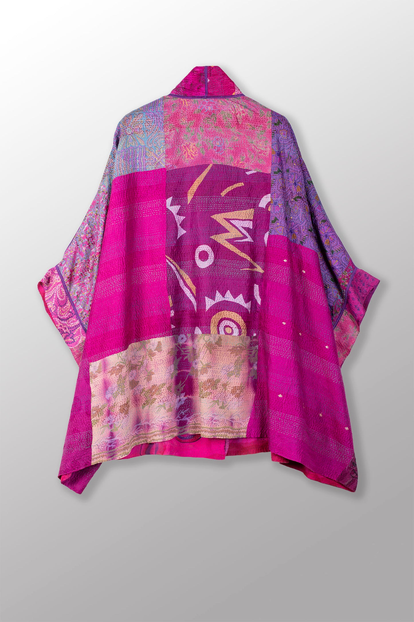 GEORGETTE VINTAGE SILK PATCH KANTHA DOUBLE COLLAR PONCHO - gs2323-pik -