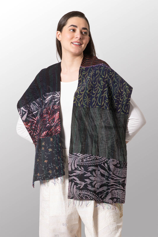 GEORGETTE VINTAGE SILK PATCH KANTHA SCARF SHORT - gs2805-blk -