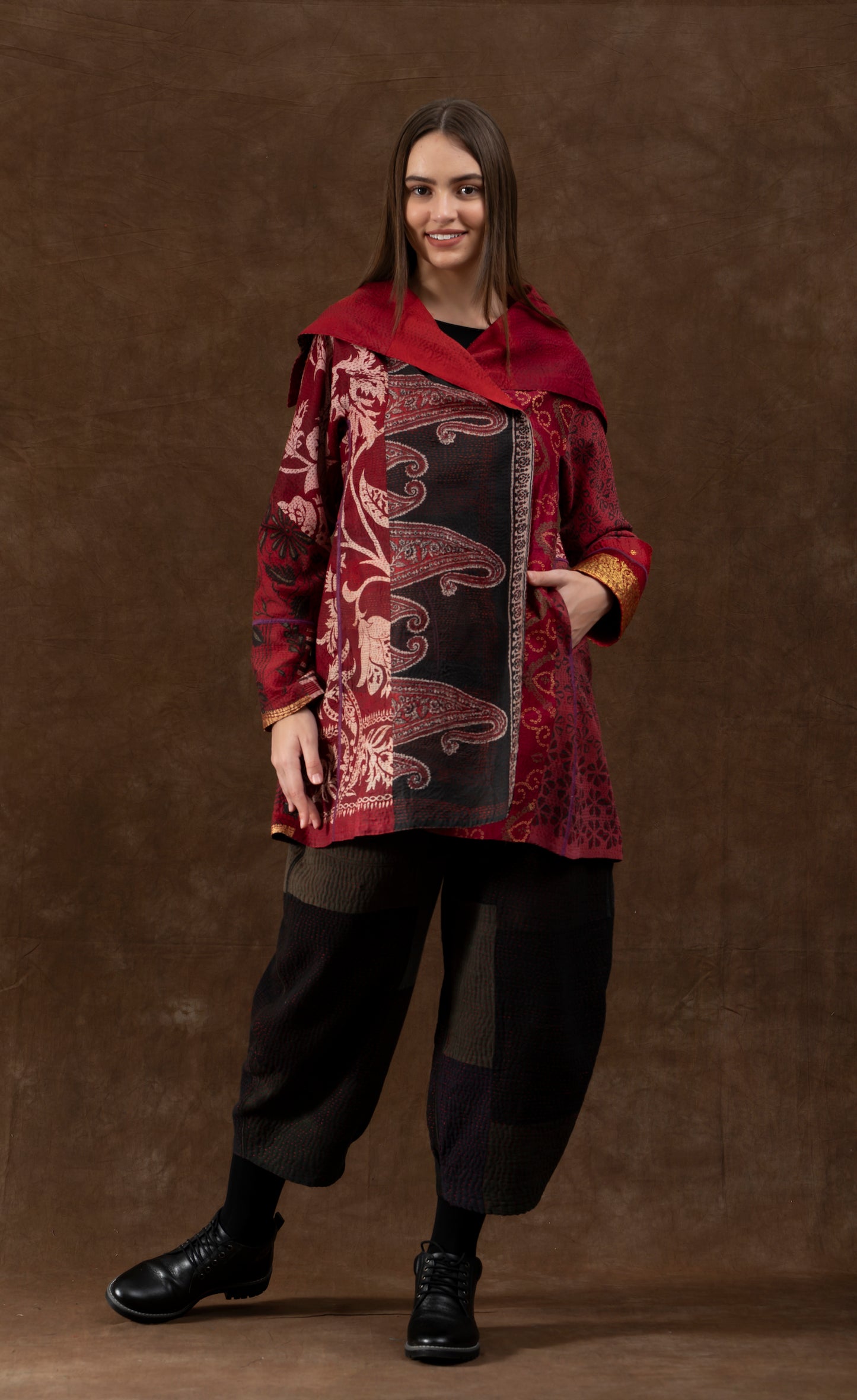 VINTAGE SILK PATCH KANTHA A-LINE COAT P - vp2336-red -