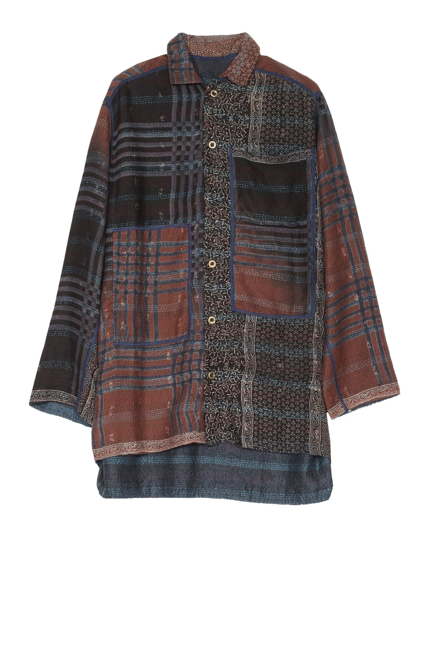 INDONESIAN PRINT KANTHA SHIRT JKT - in2023-brn -