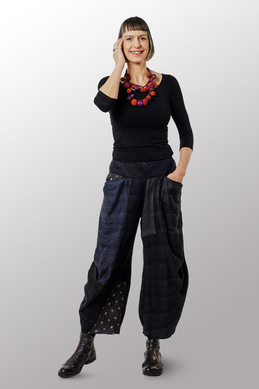 JAIPUR PATCH KANTHA KNEE TUCKED PANTS - jp2625-blk -