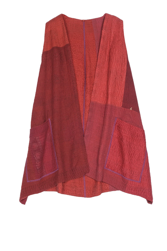 JAIPUR PATCH KANTHA BELL SHAPE LONG VEST - jp4225-red -