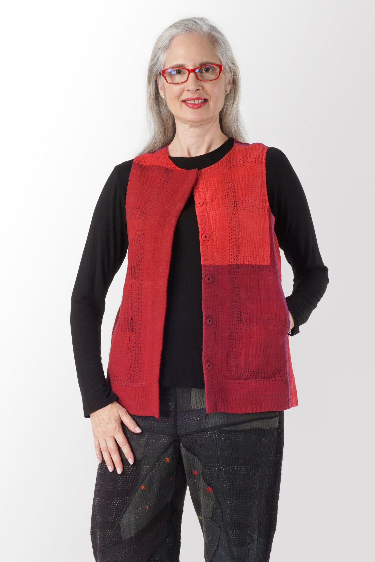 JAIPUR PATCH KANTHA NEW CREW NECK MEDIUM VEST - jp4243-red -