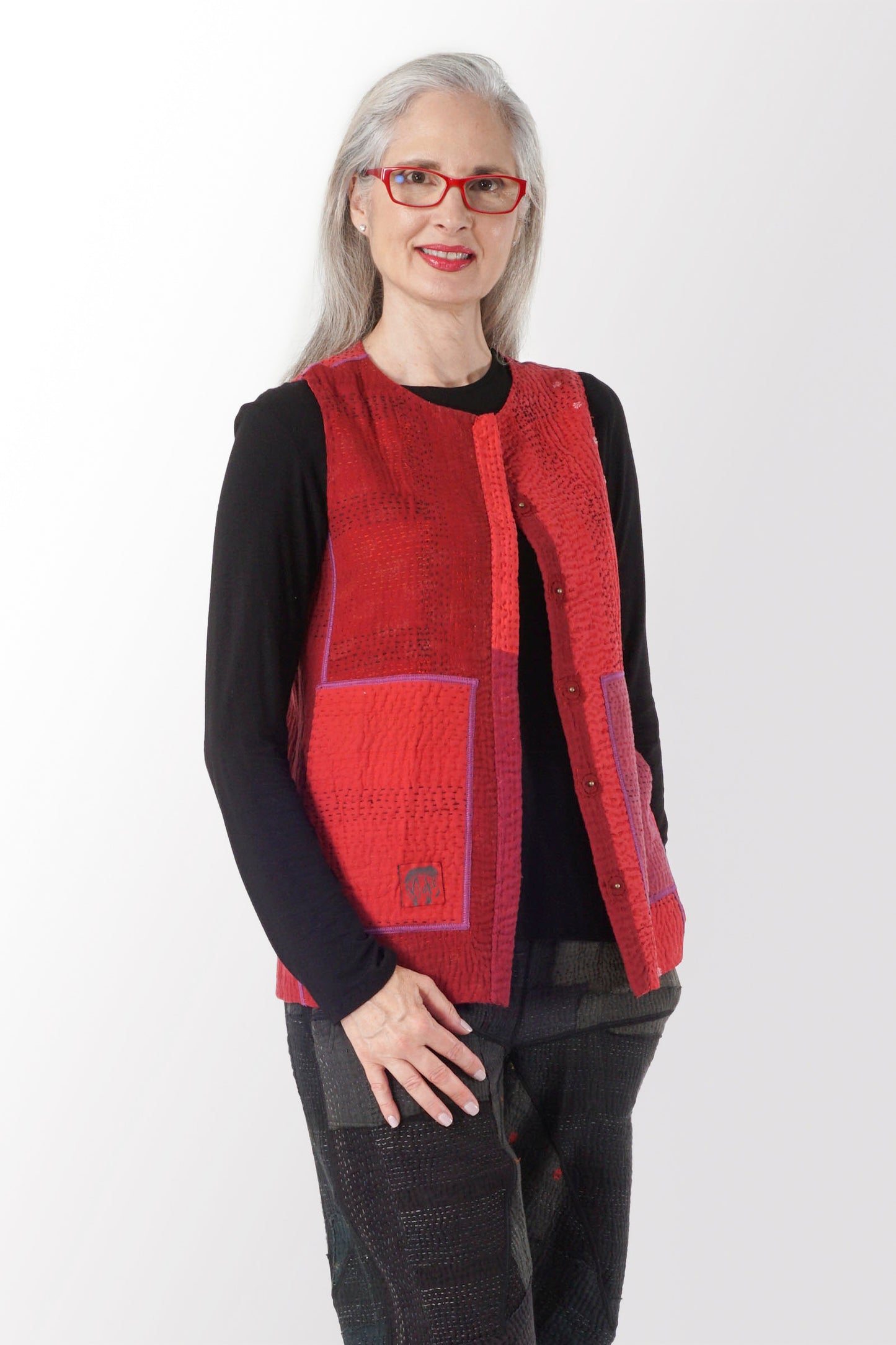 JAIPUR PATCH KANTHA NEW CREW NECK MEDIUM VEST - jp4243-red -