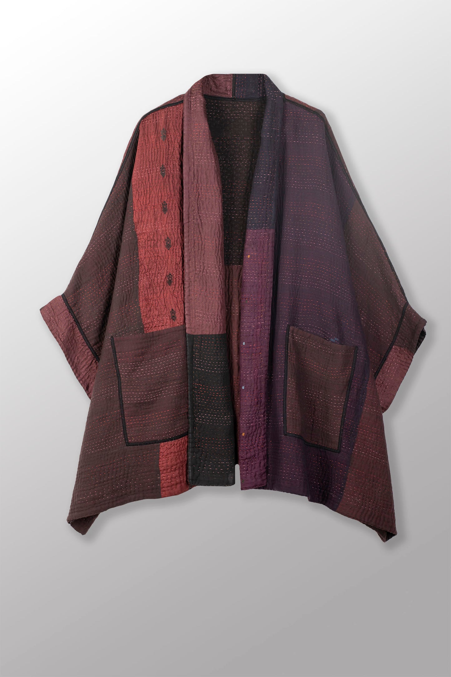 JAIPUR PATCH KANTHA DOUBLE COLLAR PONCHO - jp4323-brn -