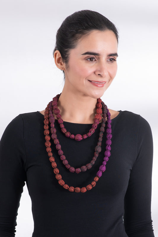 JACQUARD SILK KANTHA TIE-BEADS LONG NECKLACE - js2707-red -