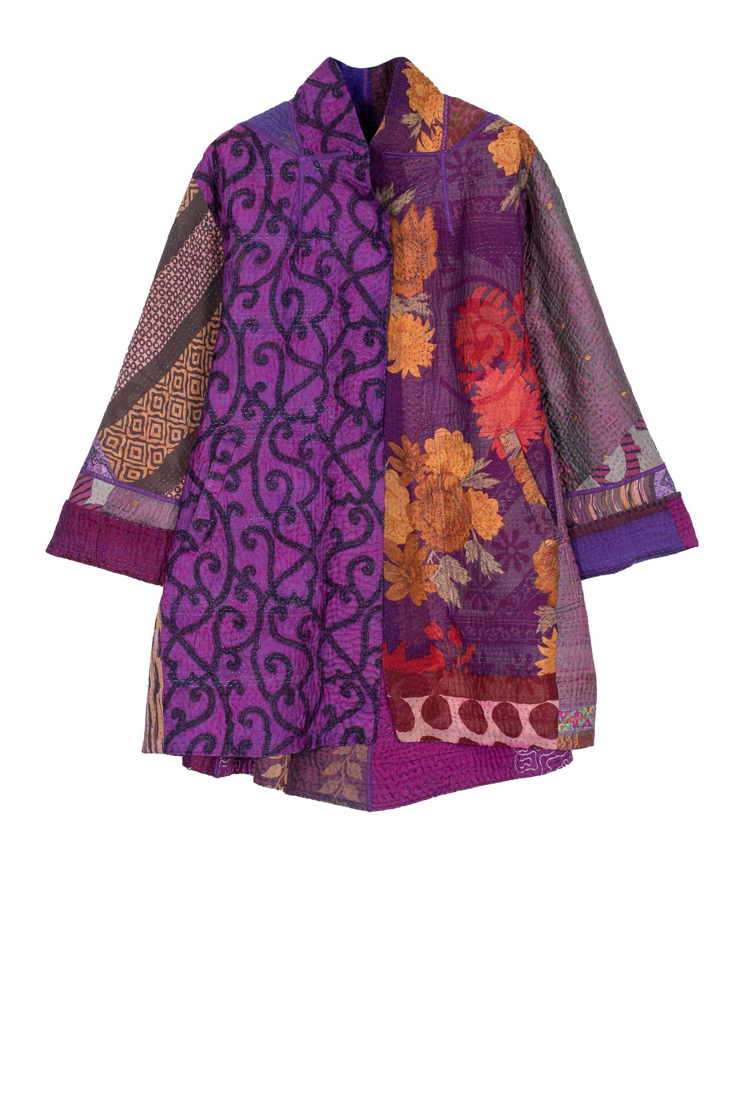 JACQUARD SILK KANTHA FLARE LONG JACKET - js4021-prp -