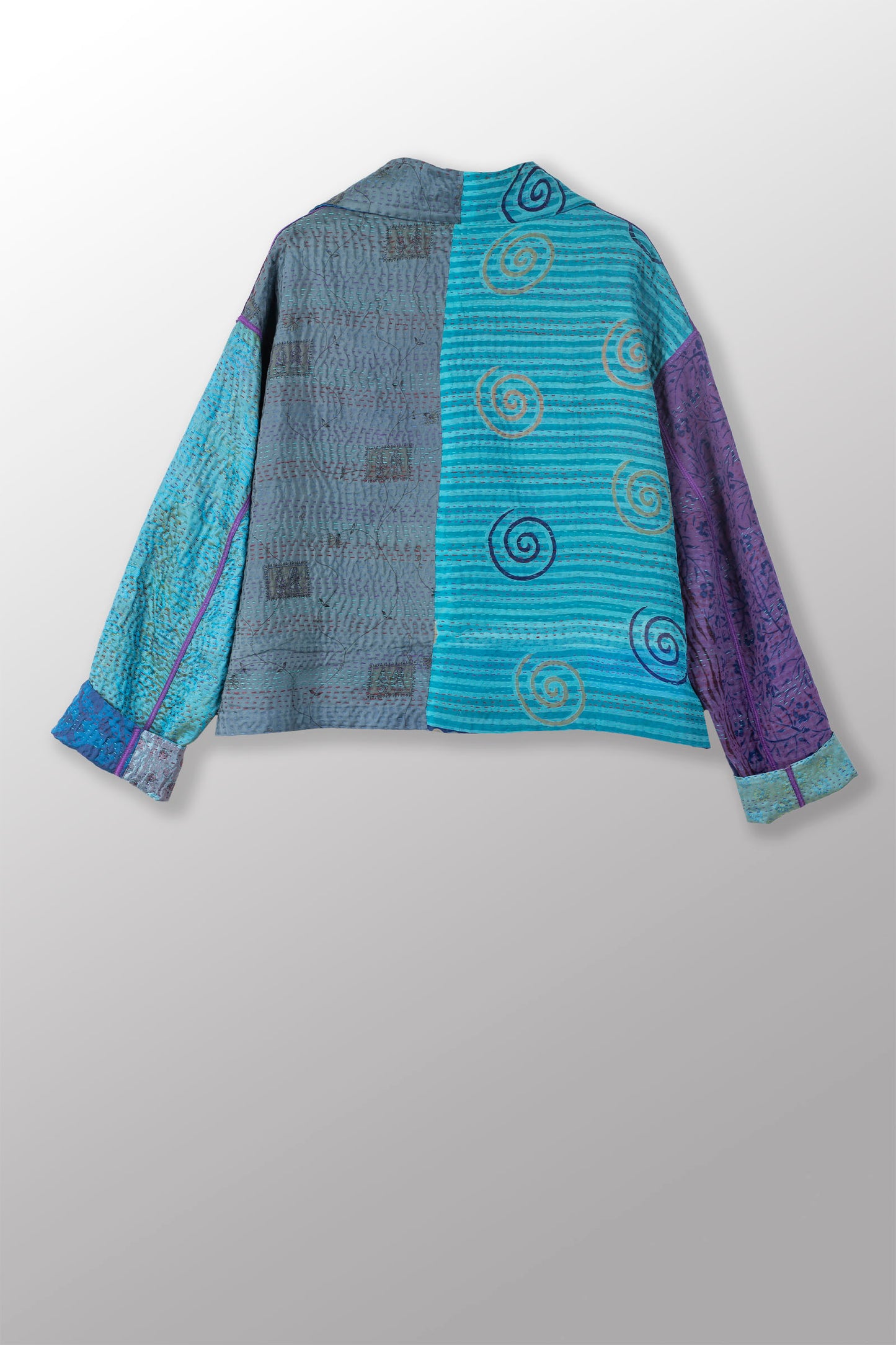 JACQUARD SILK KANTHA LAPELED SHORT JKT - js4081-blu -