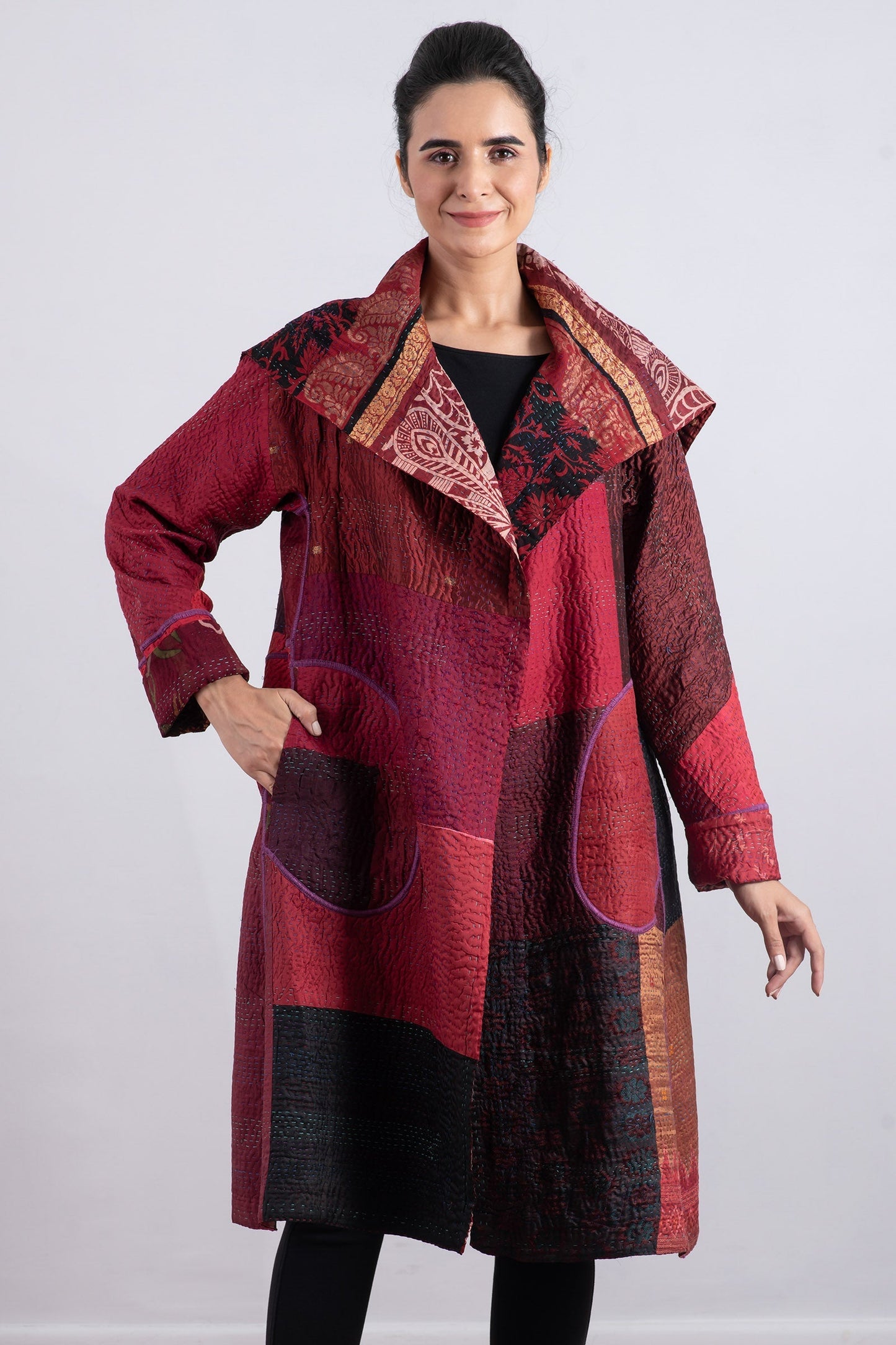 JACQUARD SILK KANTHA A-LINE COAT - js4309-brn -