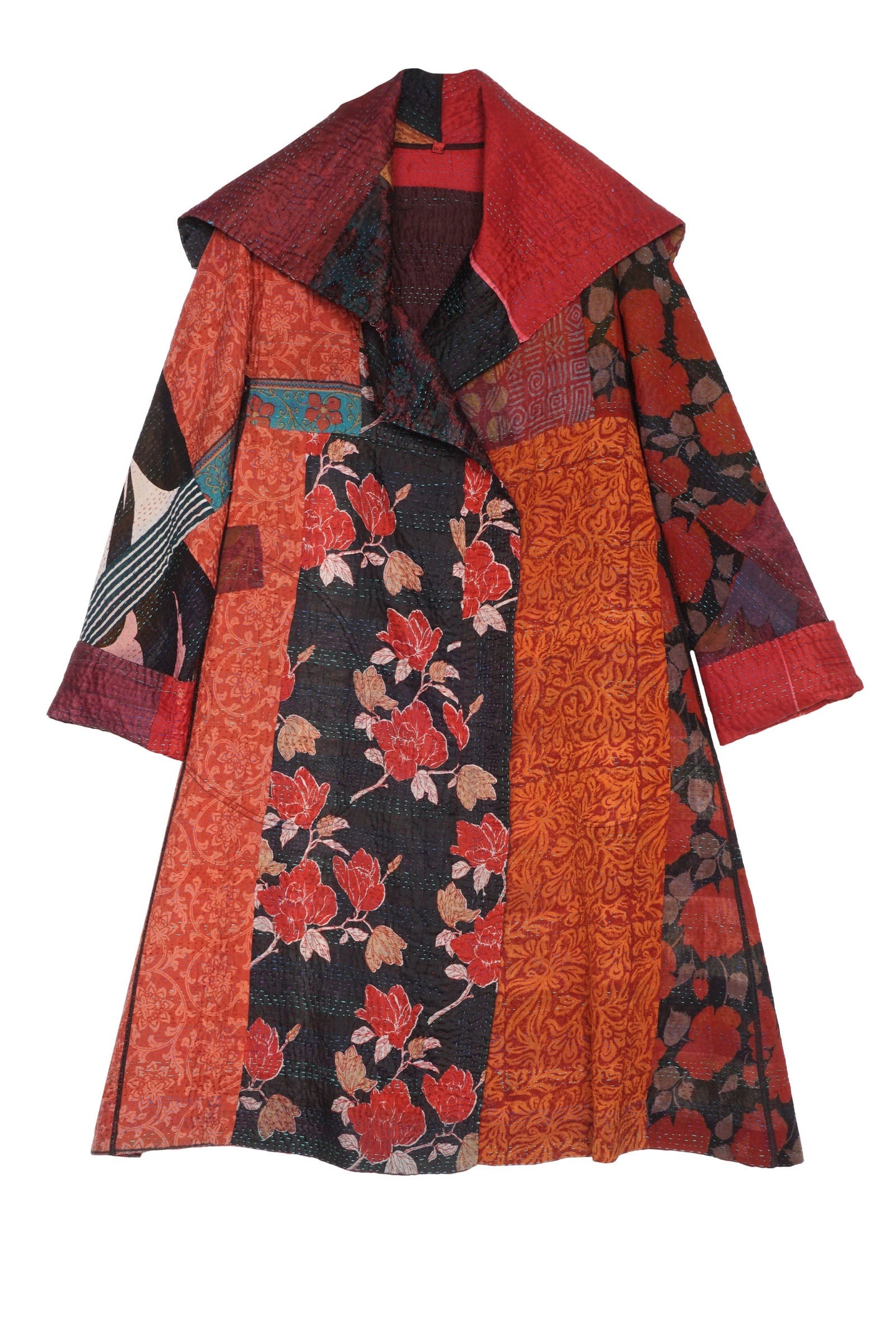 JACQUARD SILK KANTHA A-LINE COAT - js4309-brn -