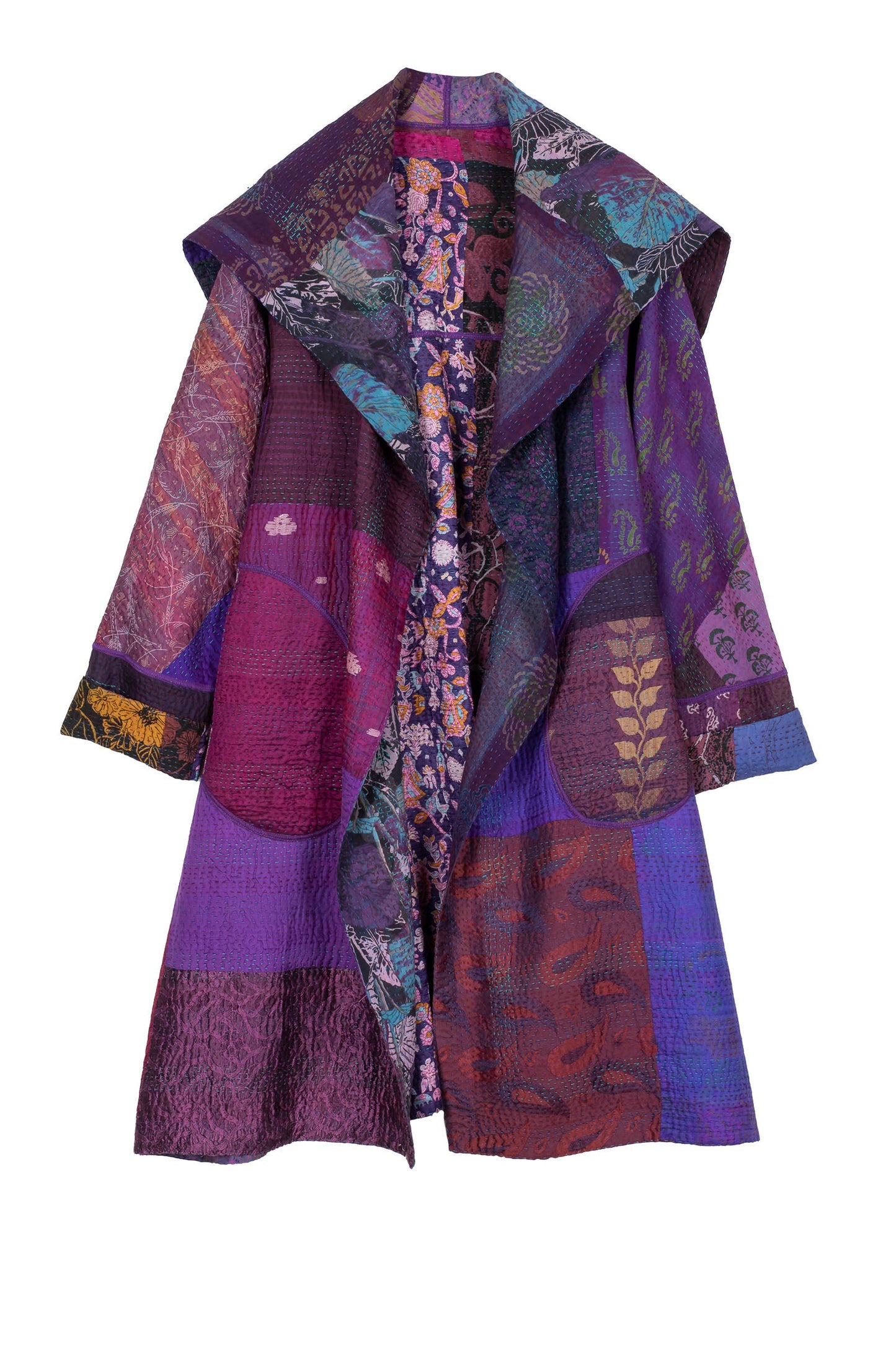 JACQUARD SILK KANTHA A-LINE COAT - js4309-prp -