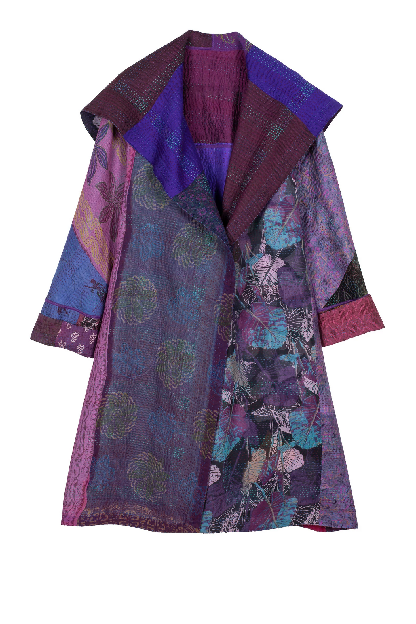 JACQUARD SILK KANTHA A-LINE COAT - js4309-prp -