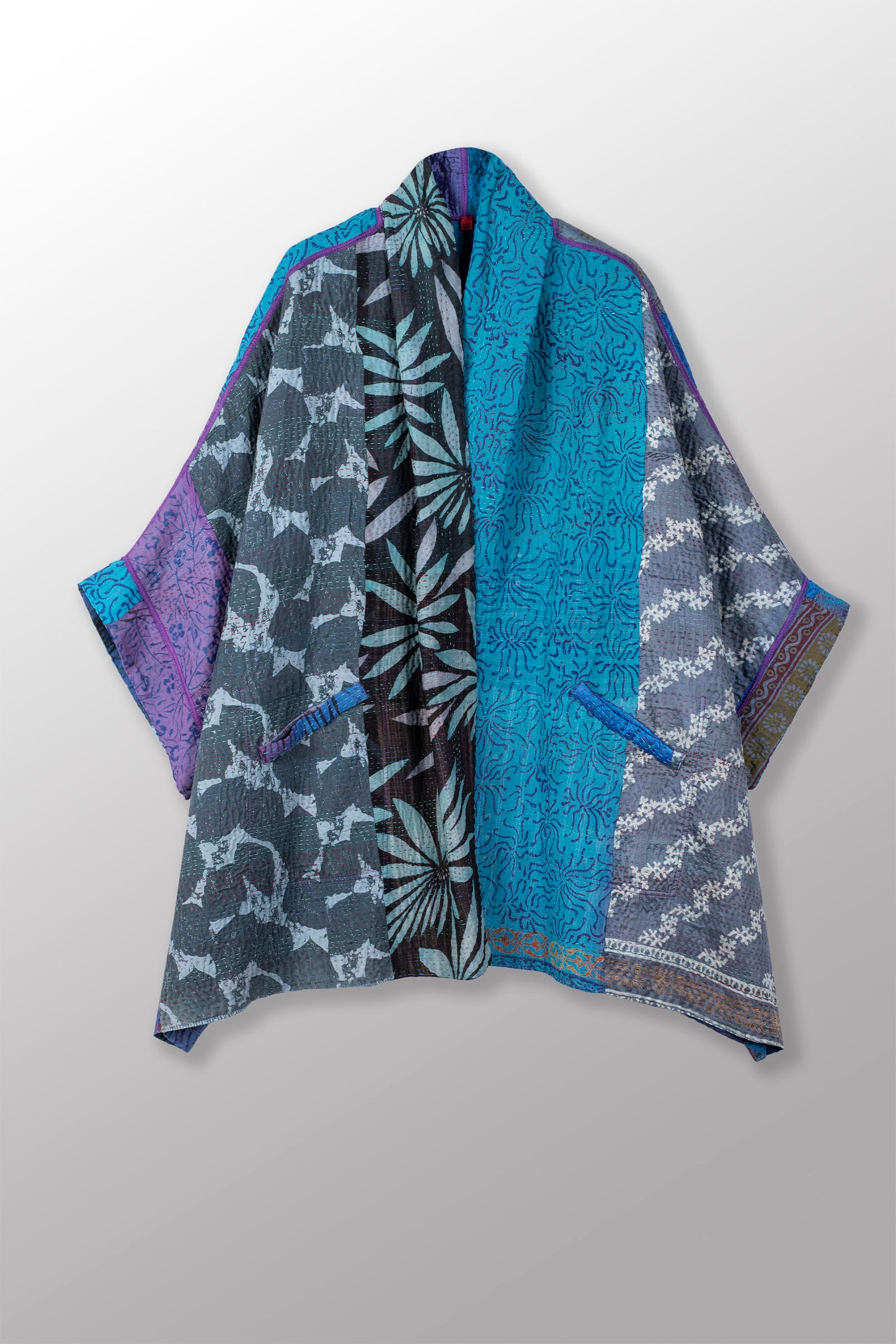 JACQUARD SILK KANTHA DOUBLE COLLAR PONCHO - js4323-blu -