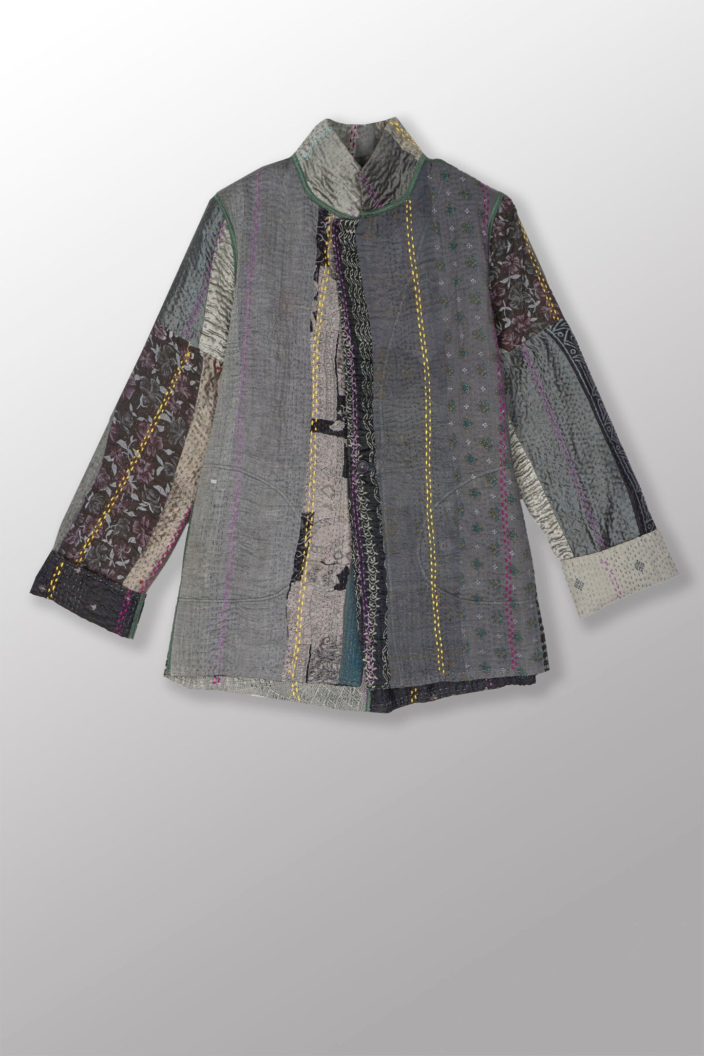 JEWEL WOVEN WITH VERTICAL PATCH KANTHA SIMPLE JACKET - jv4022-gry -