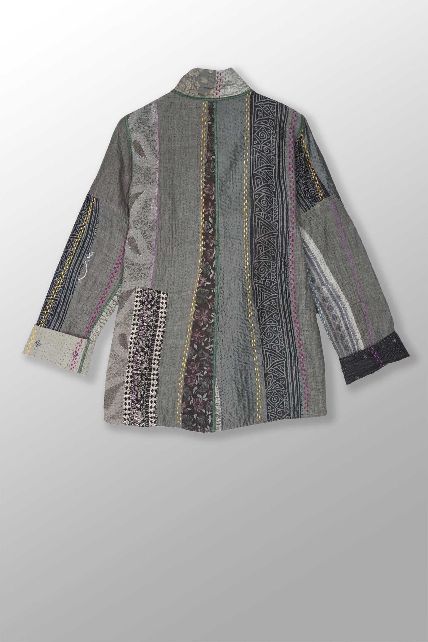 JEWEL WOVEN WITH VERTICAL PATCH KANTHA SIMPLE JACKET - jv4022-gry -