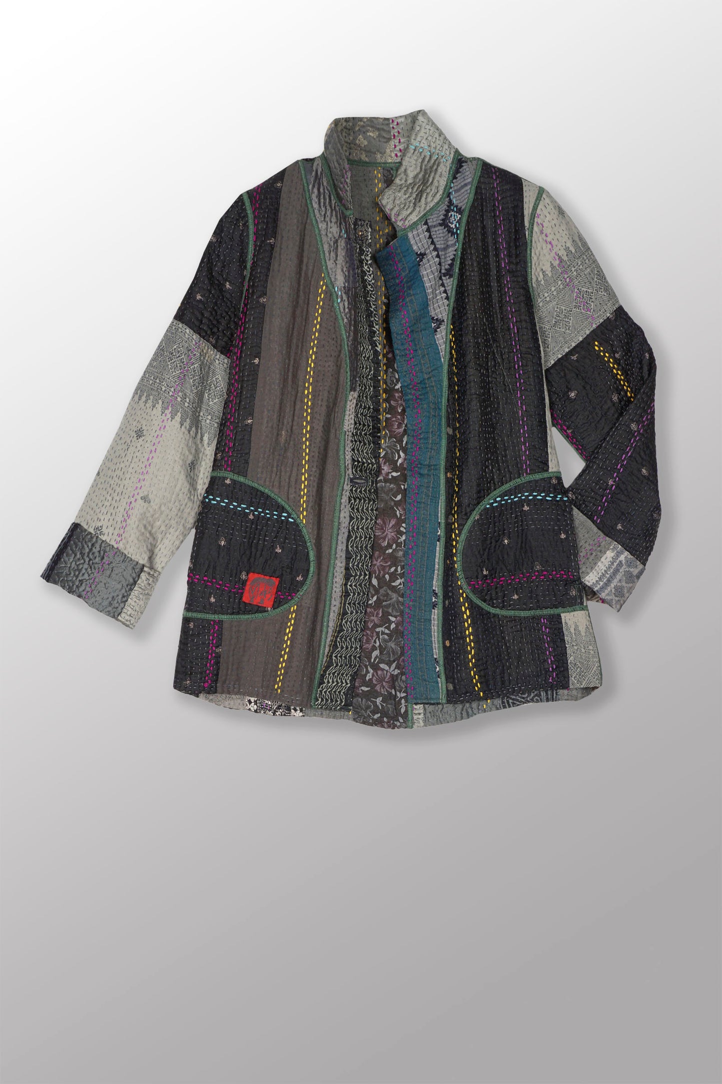 JEWEL WOVEN WITH VERTICAL PATCH KANTHA SIMPLE JACKET - jv4022-gry -