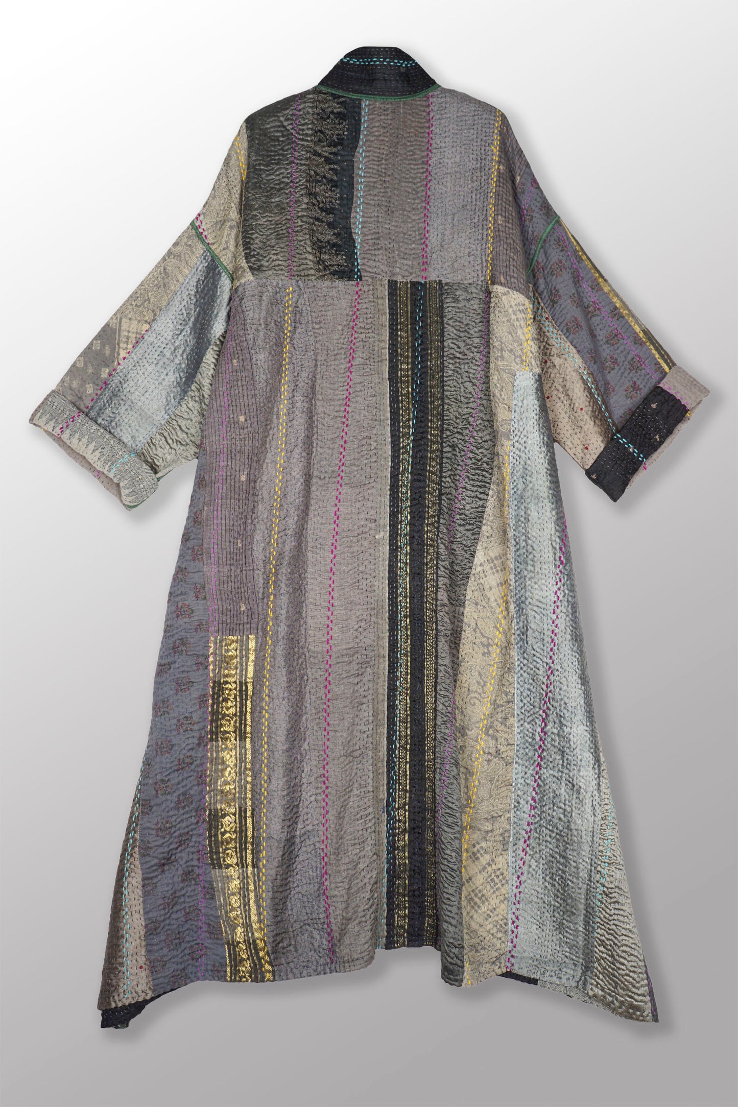 JEWEL WOVEN WITH VERTICAL PATCH KANTHA OVERSIZED COAT - jv4326-gry -