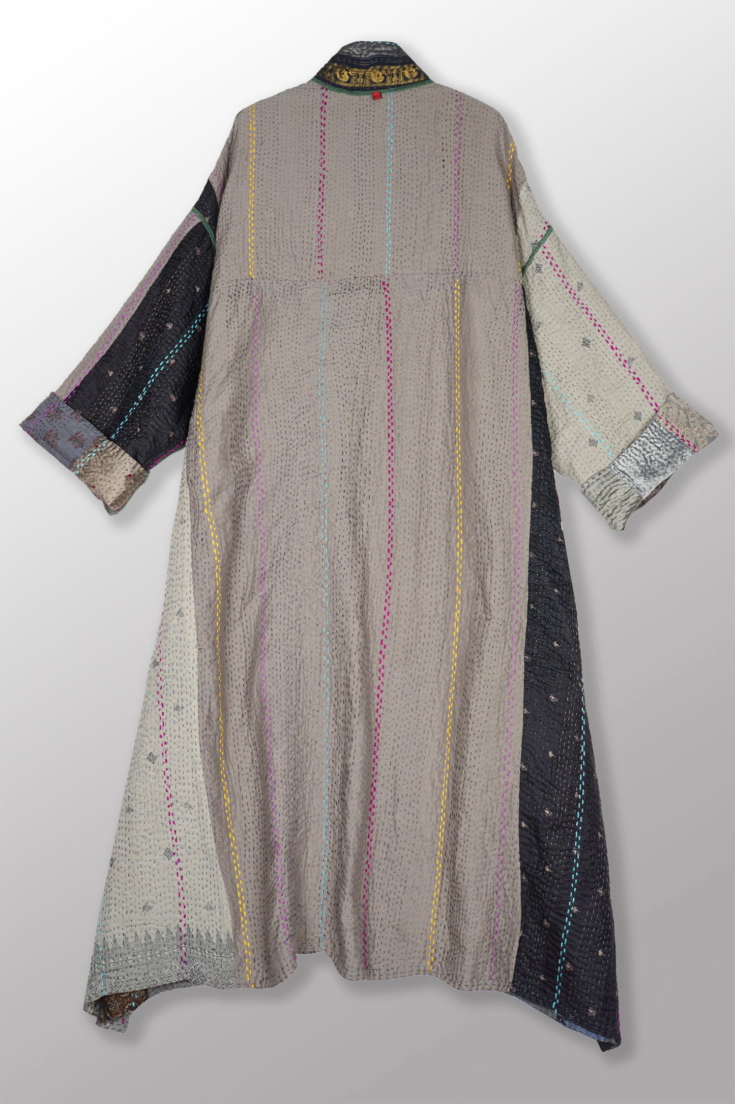 JEWEL WOVEN WITH VERTICAL PATCH KANTHA OVERSIZED COAT - jv4326-gry -