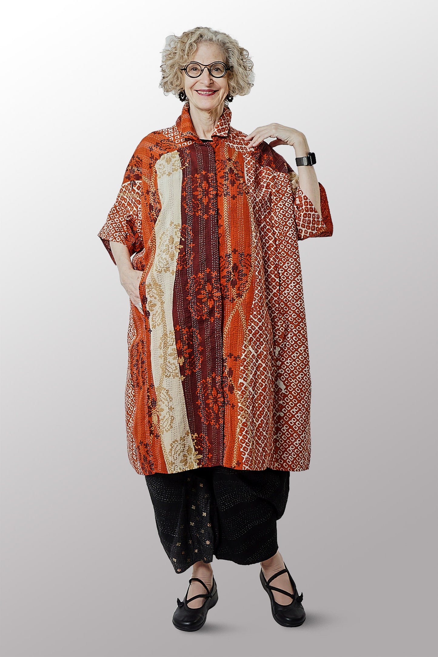 KIMONO COTTON KANTHA WIDE SHIRT DRESS - kc2448-org -