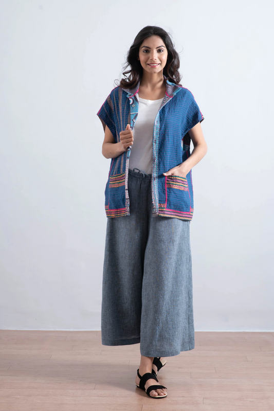 LINEN DRAW STRING GAUCHO - ln1627-blu -