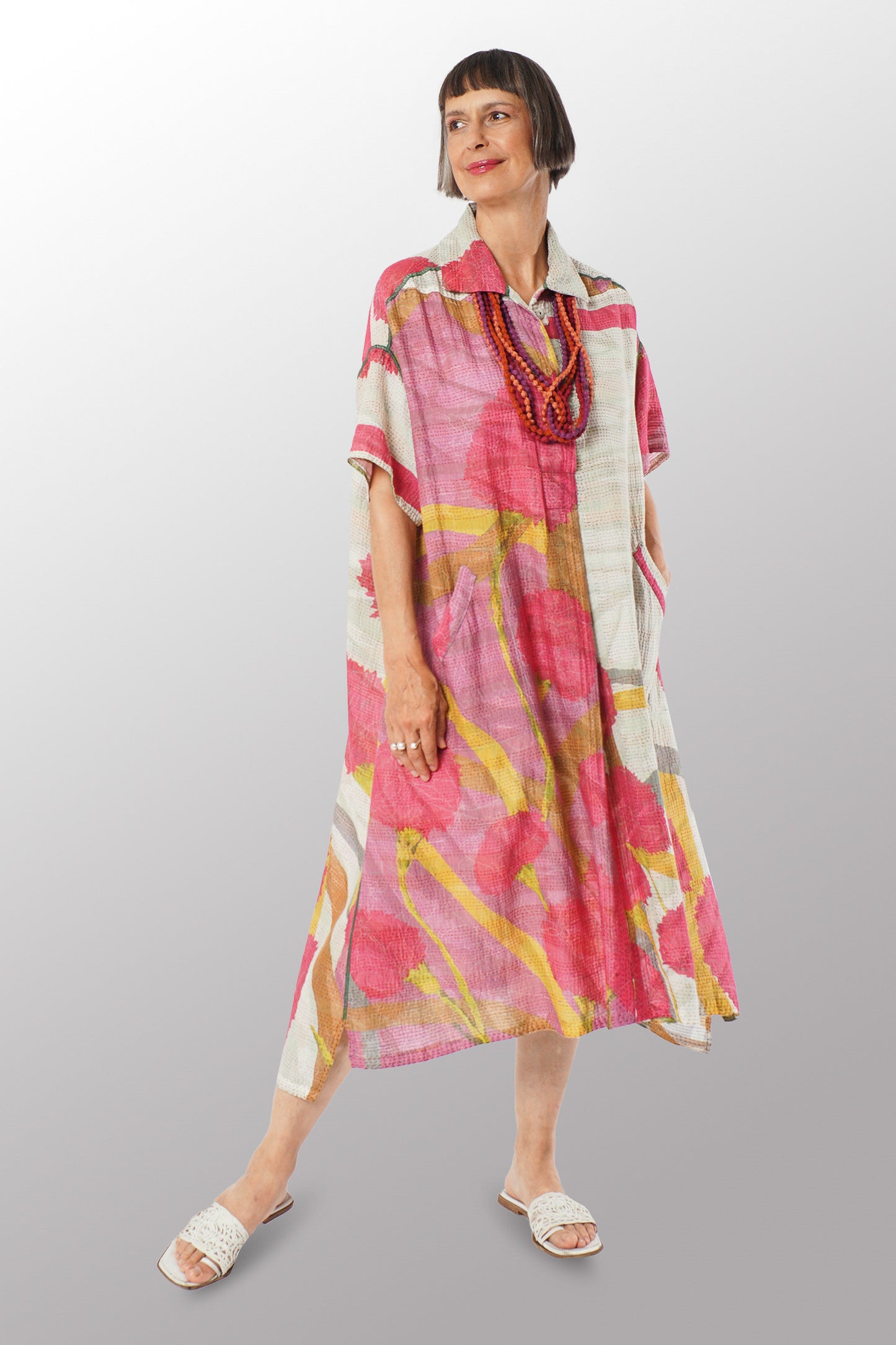 MARIGOLD PRINT KANTHA WING COLLAR DRESS - mg2454-pik -