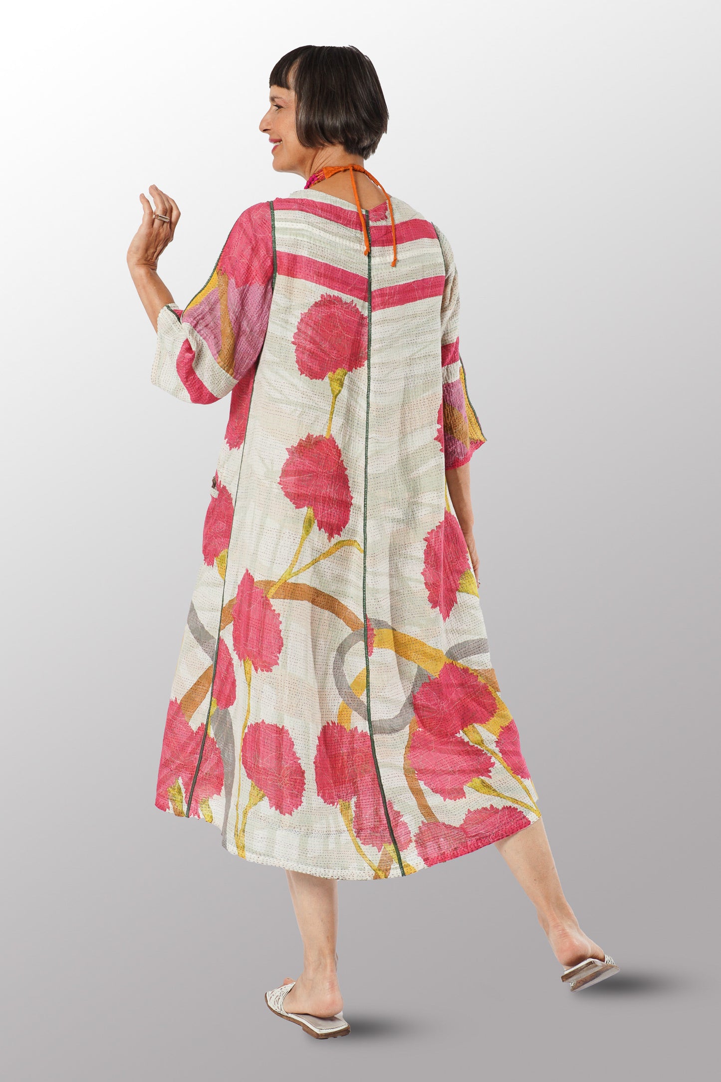 MARIGOLD PRINT KANTHA V-NECK FLARE DRESS - mg2457-pik -