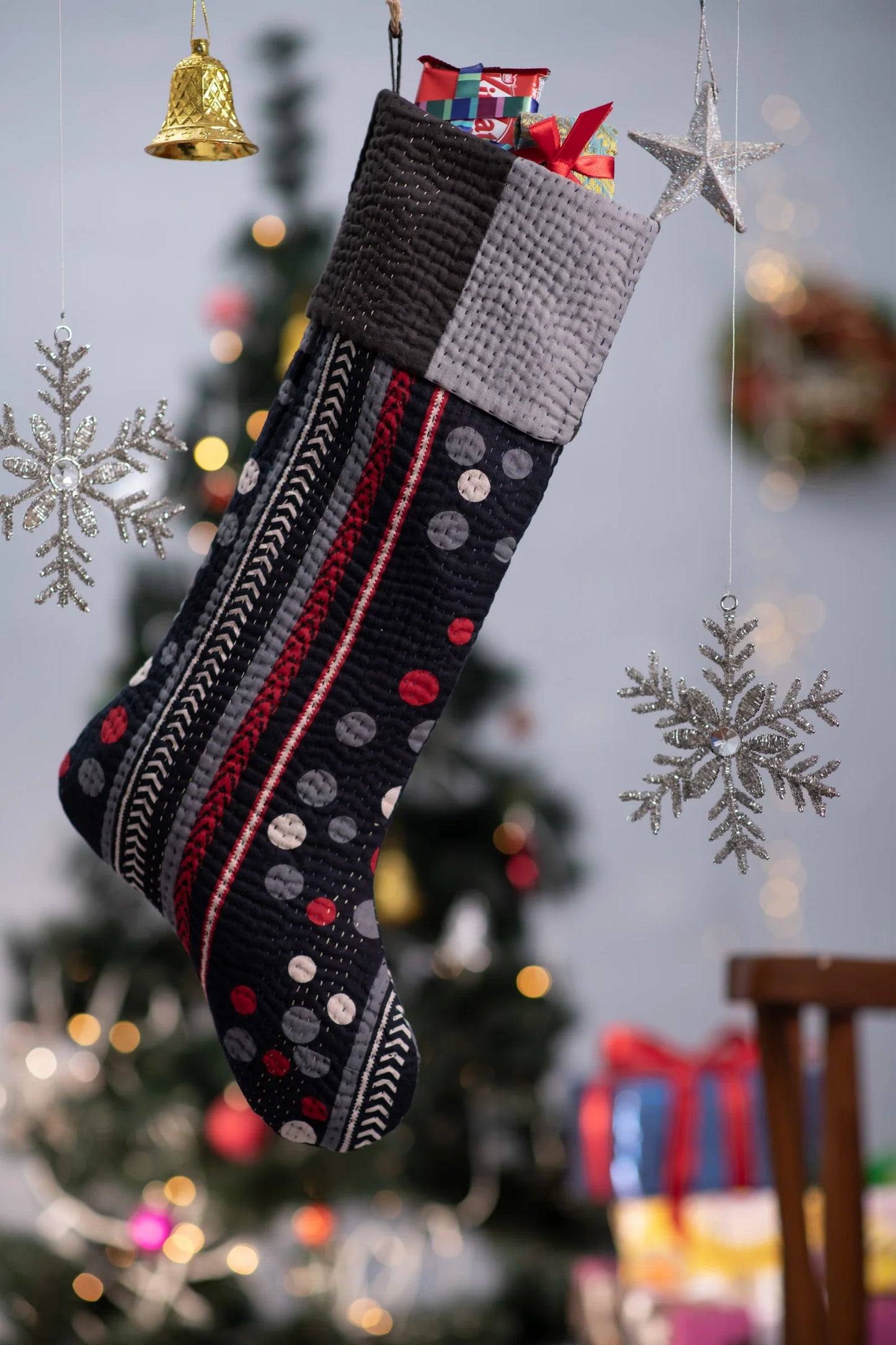 Monotone Ikat Handmade Vintage Kantha Holiday Stocking -Monotone Black-