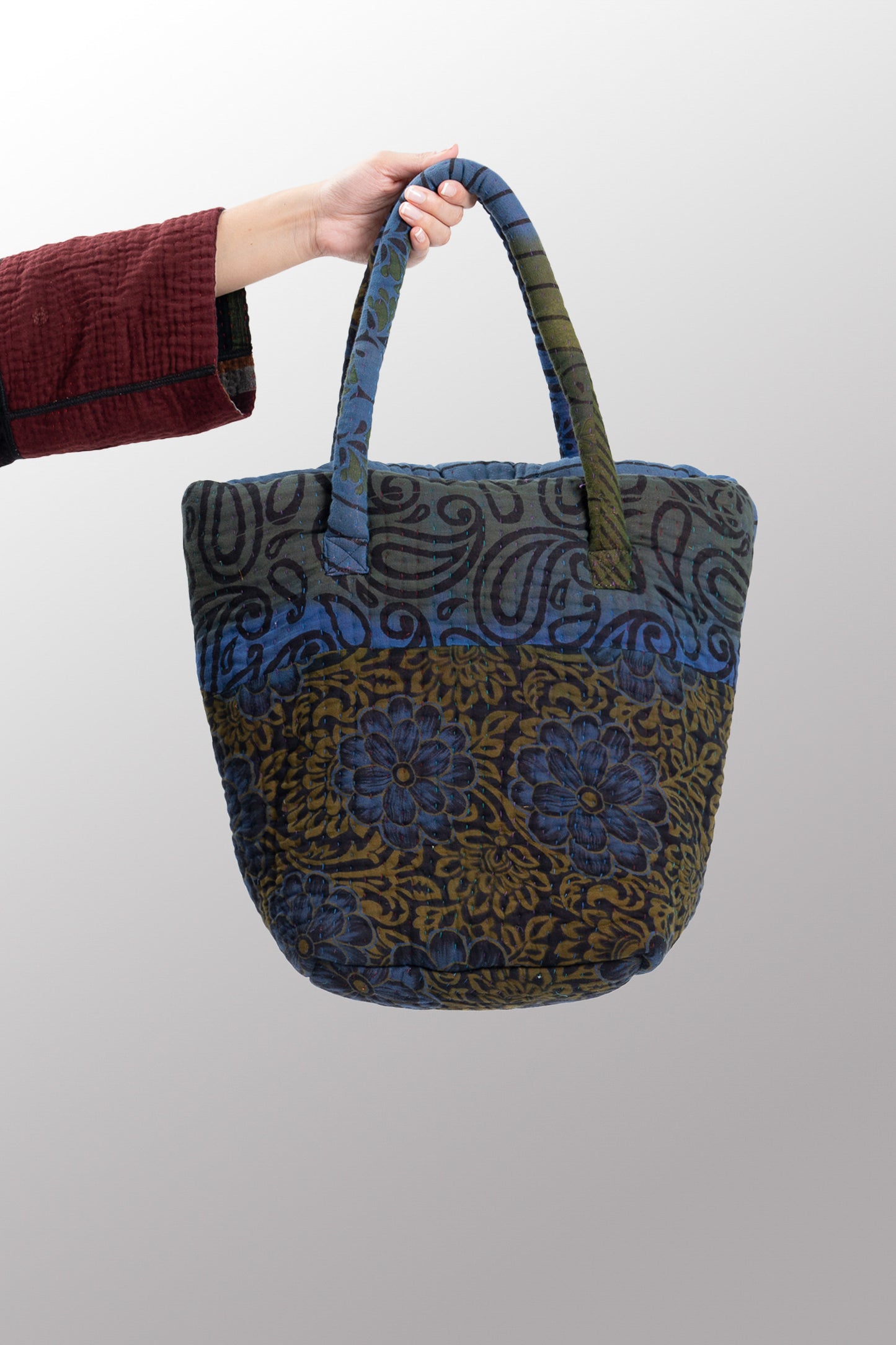 Quilted Over Dye Cotton Kantha Bucket Tote - mm-oq5867-cblu008a -