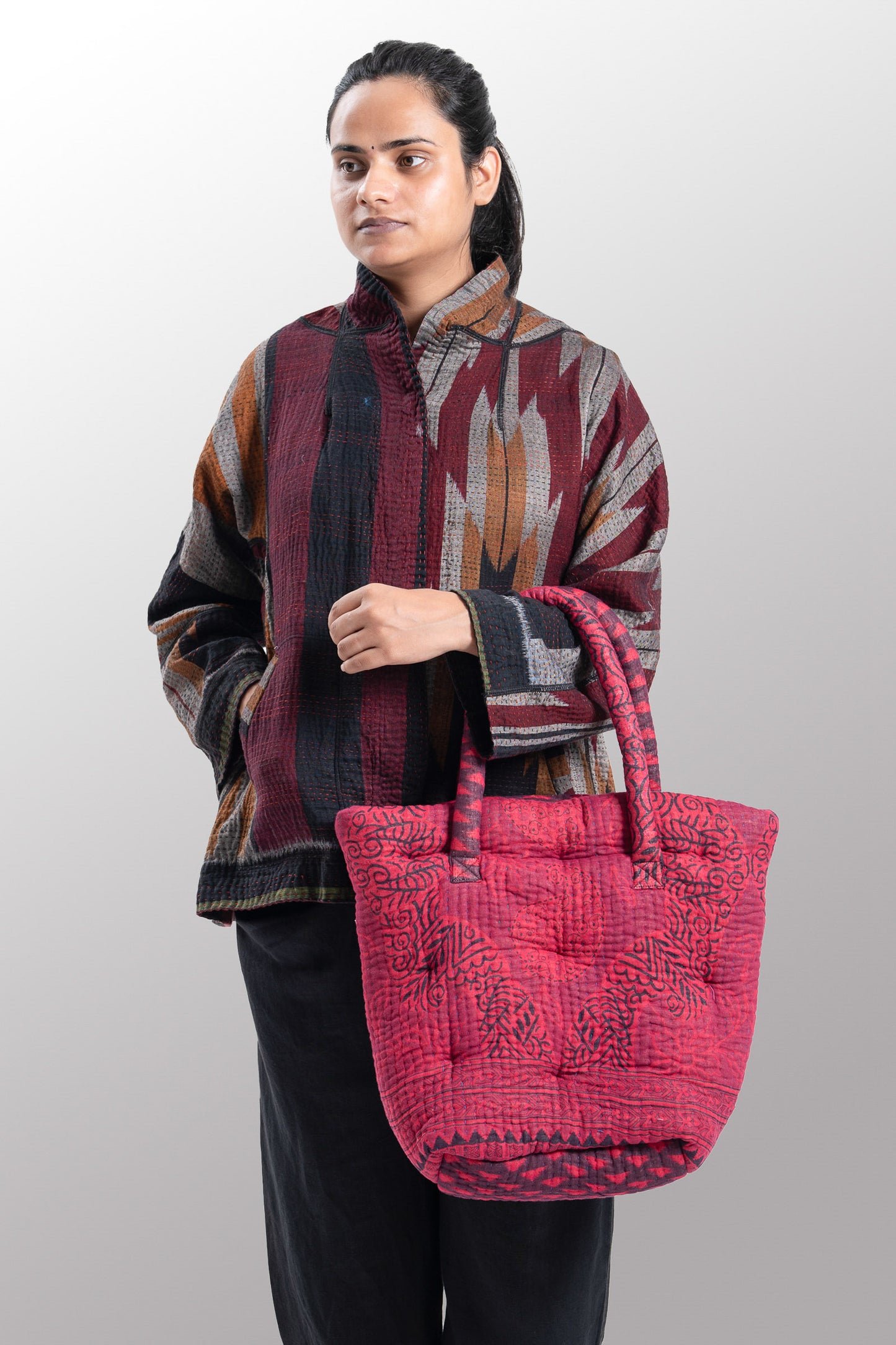 Quilted Over Dye Cotton Kantha Bucket Tote - mm-oq5867-cred009a -