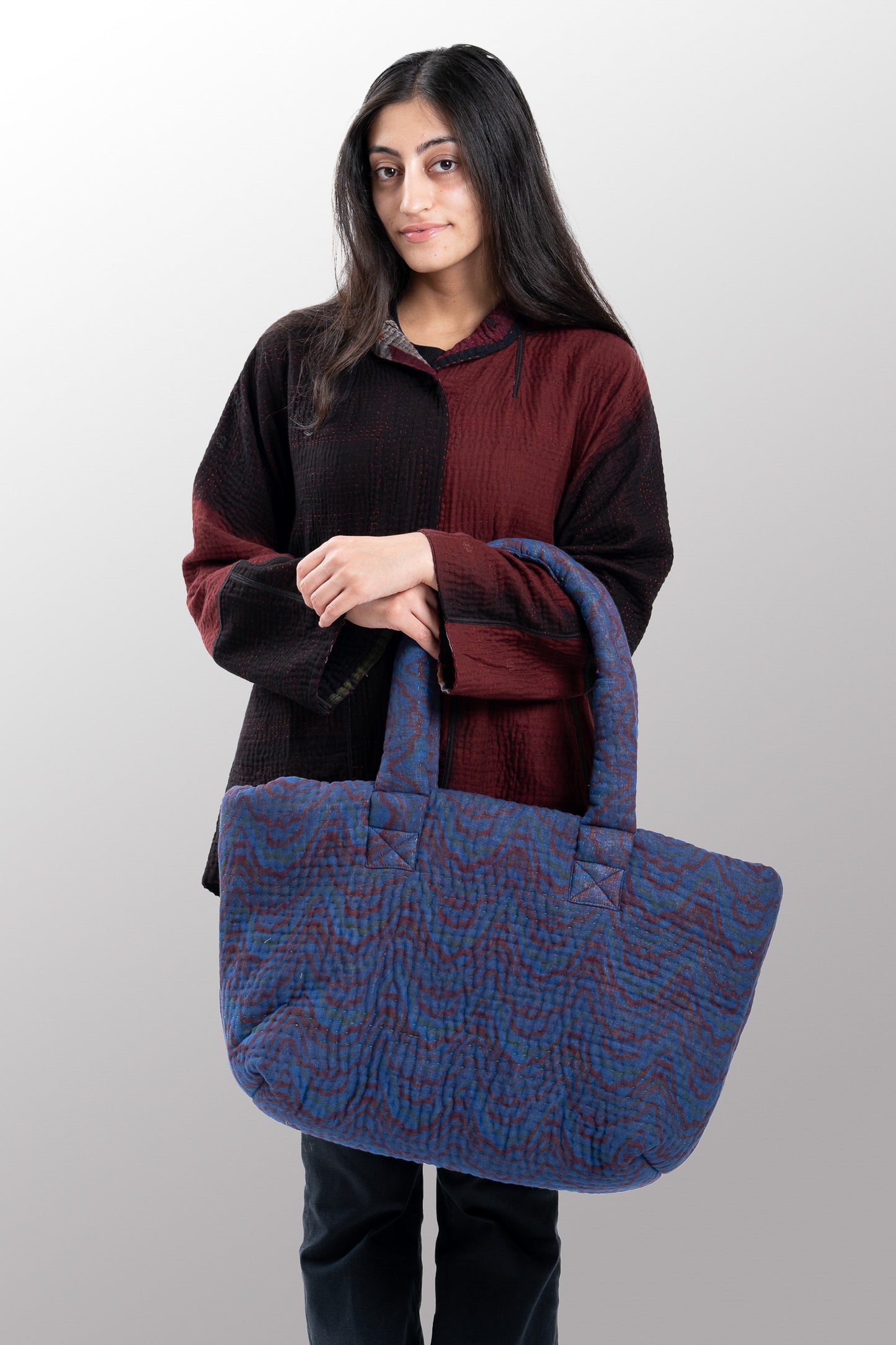 Quilted Over Dye Cotton Kantha Wide Tote - mm-oq5869-cblu007a -