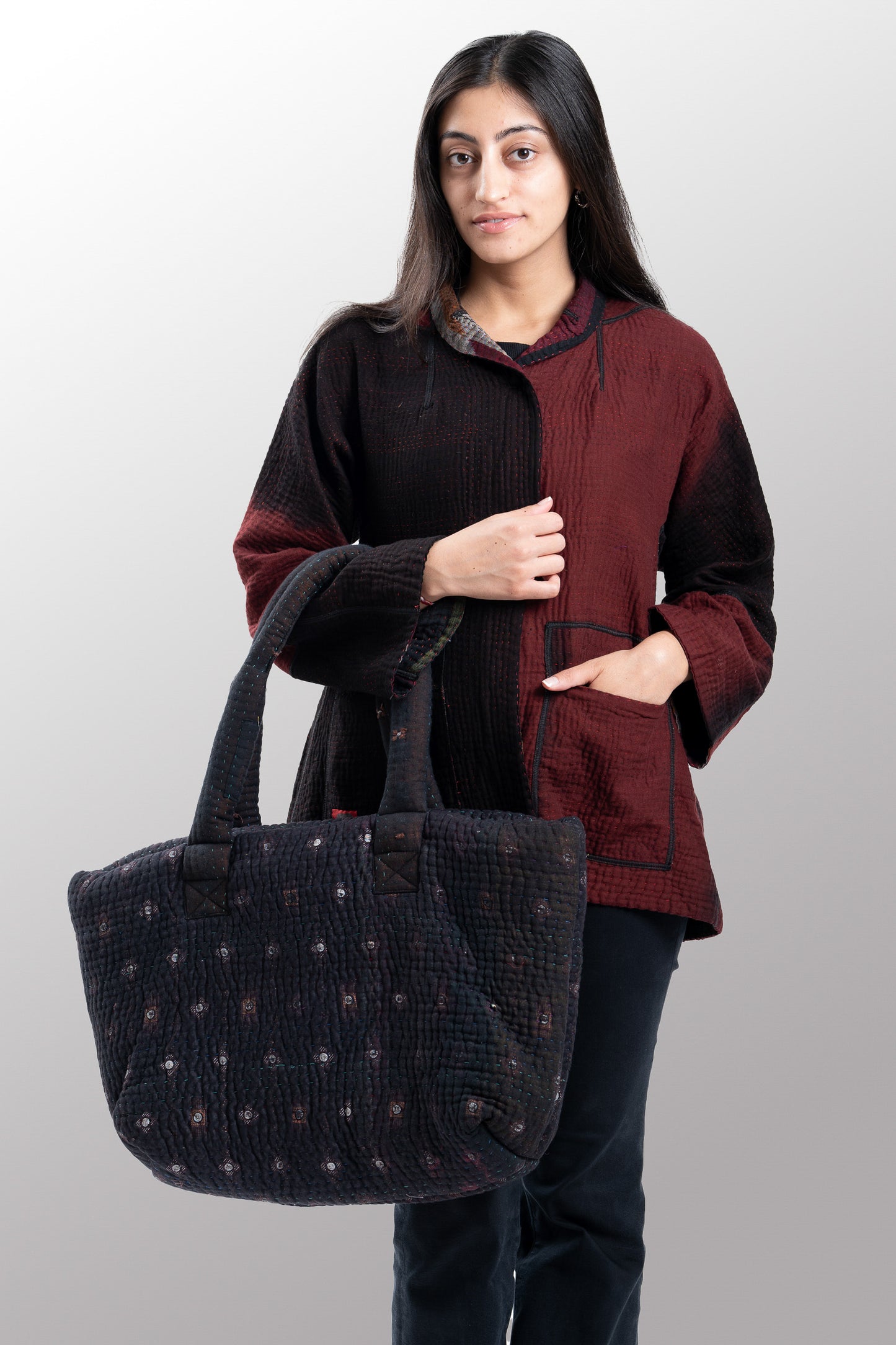 Quilted Over Dye Cotton Kantha Wide Tote - mm-oq5869-cred013a -