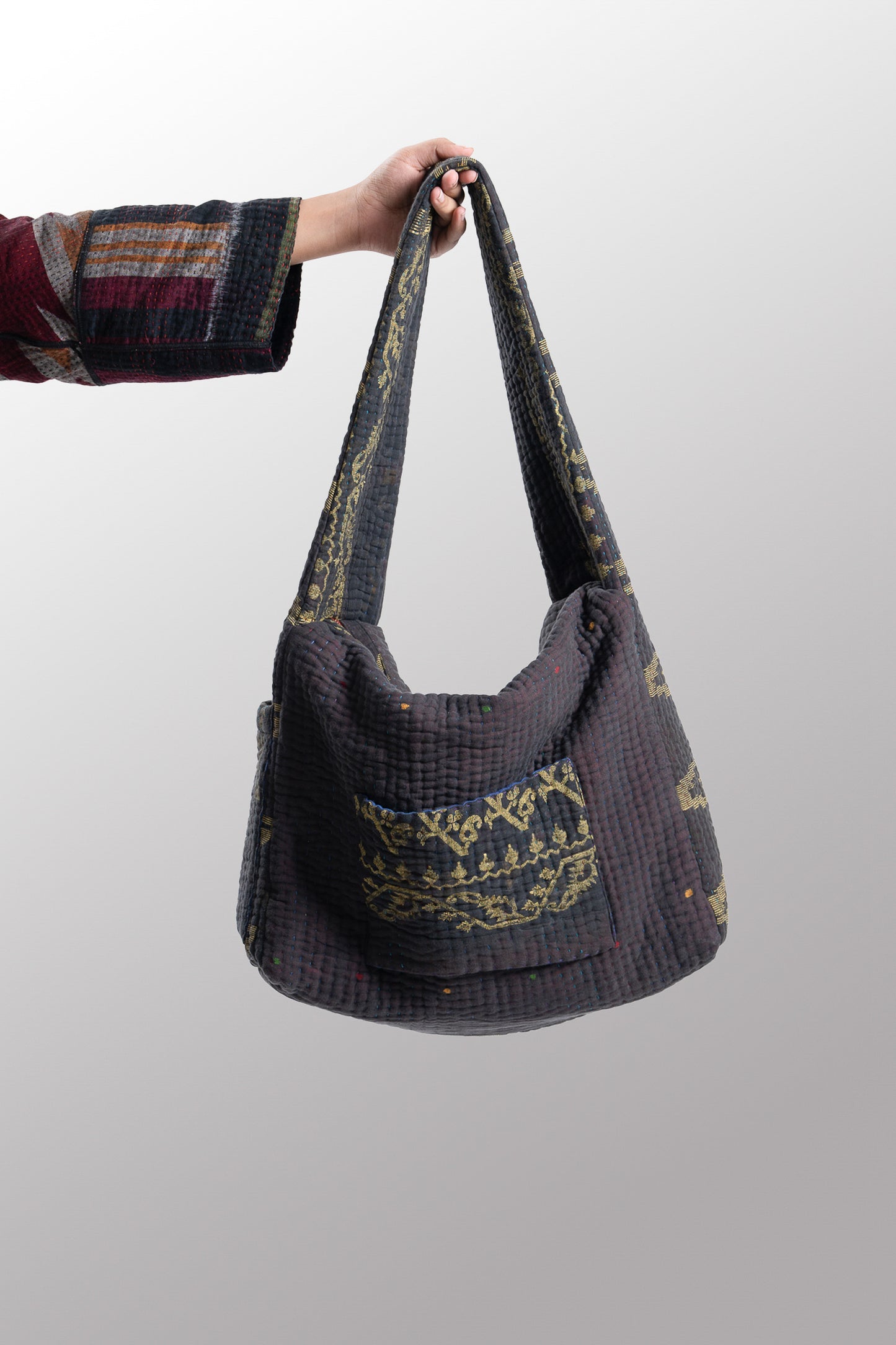 Quilted Over Dye Cotton Kantha Oversized Hobo Bag - mm-oq5870-cblu001a -