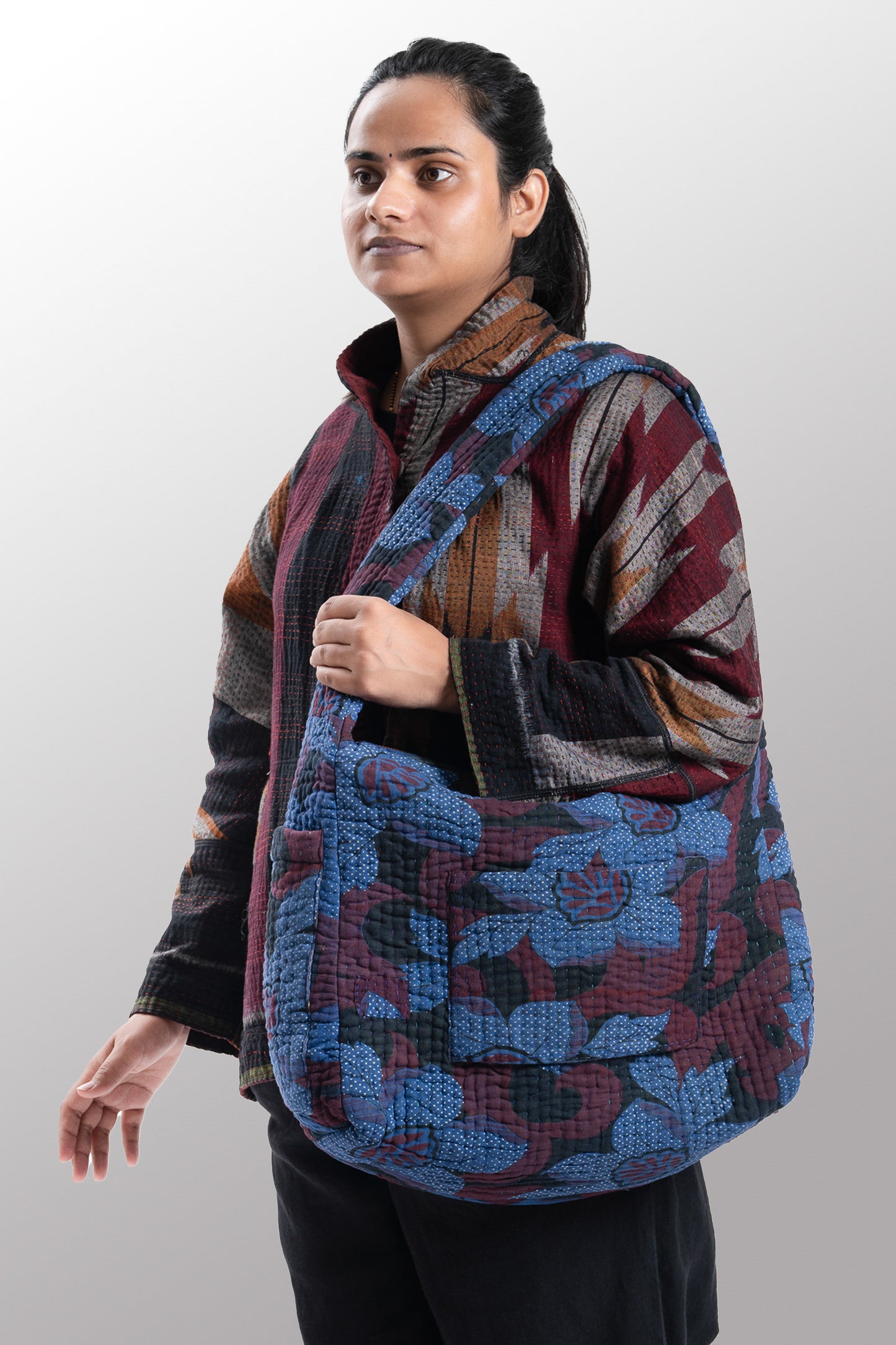 Quilted Over Dye Cotton Kantha Oversized Hobo Bag - mm-oq5870-cblu002a -