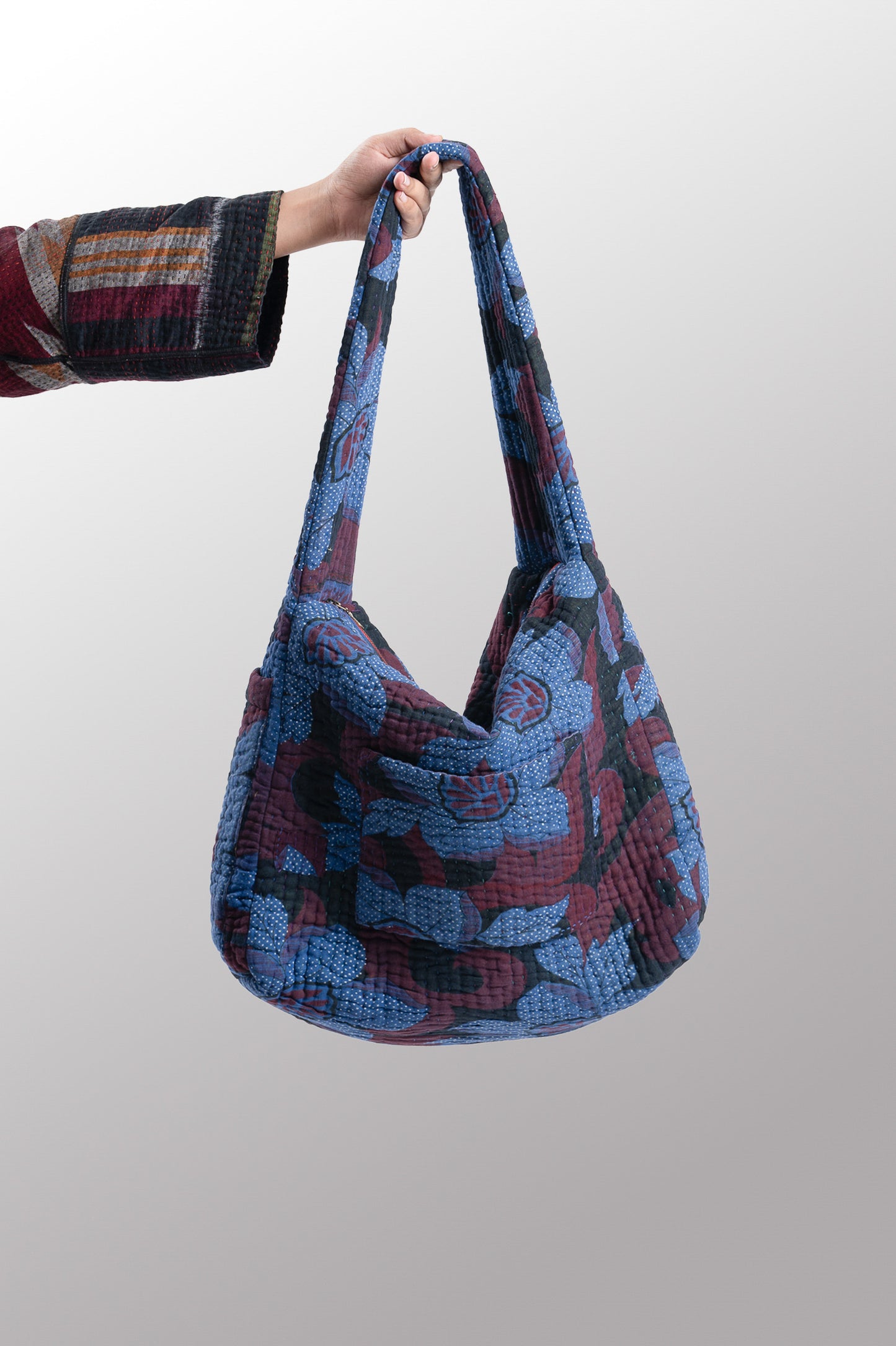 Quilted Over Dye Cotton Kantha Oversized Hobo Bag - mm-oq5870-cblu002a -