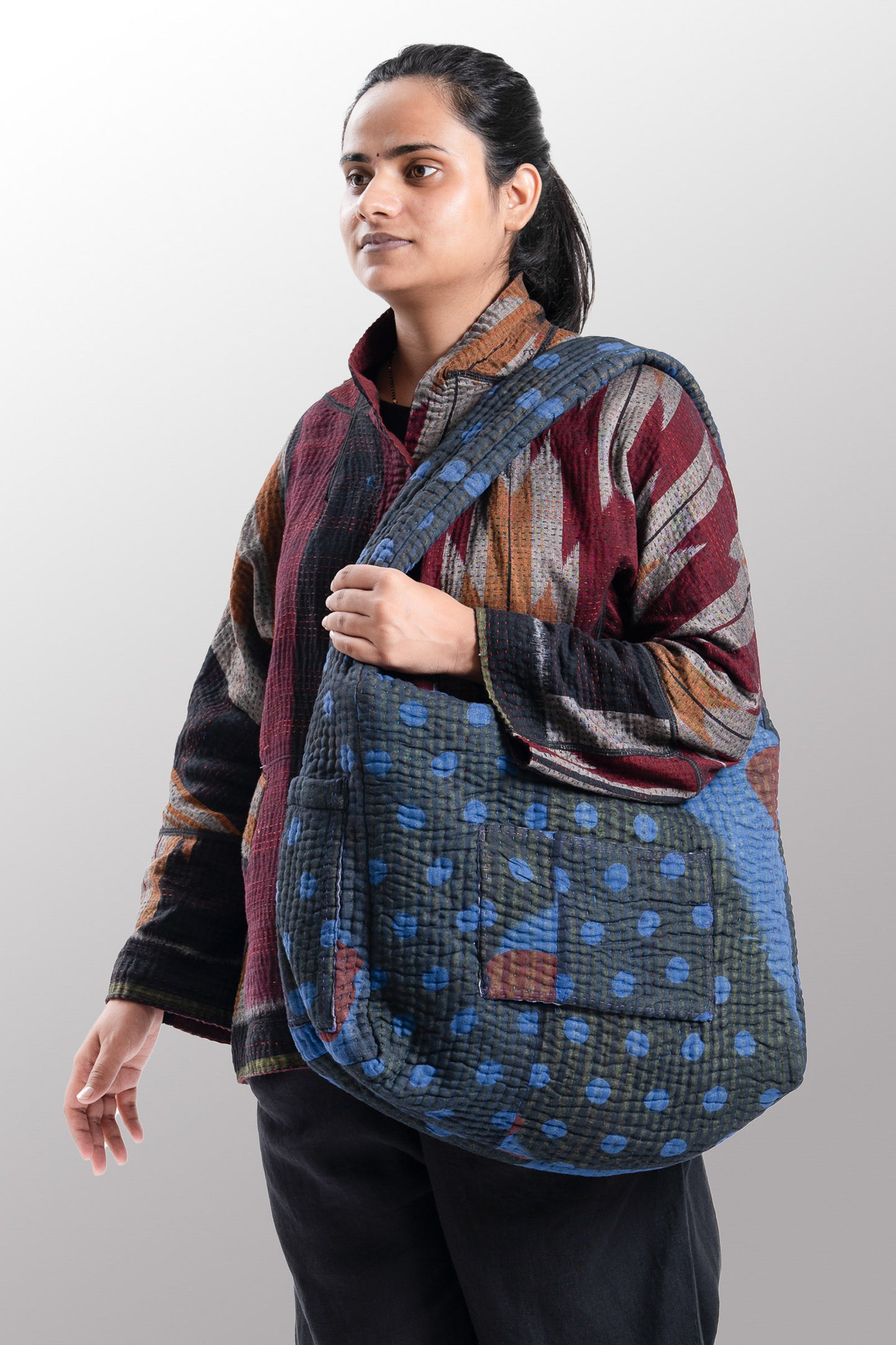 Quilted Over Dye Cotton Kantha Oversized Hobo Bag - mm-oq5870-cblu003a -