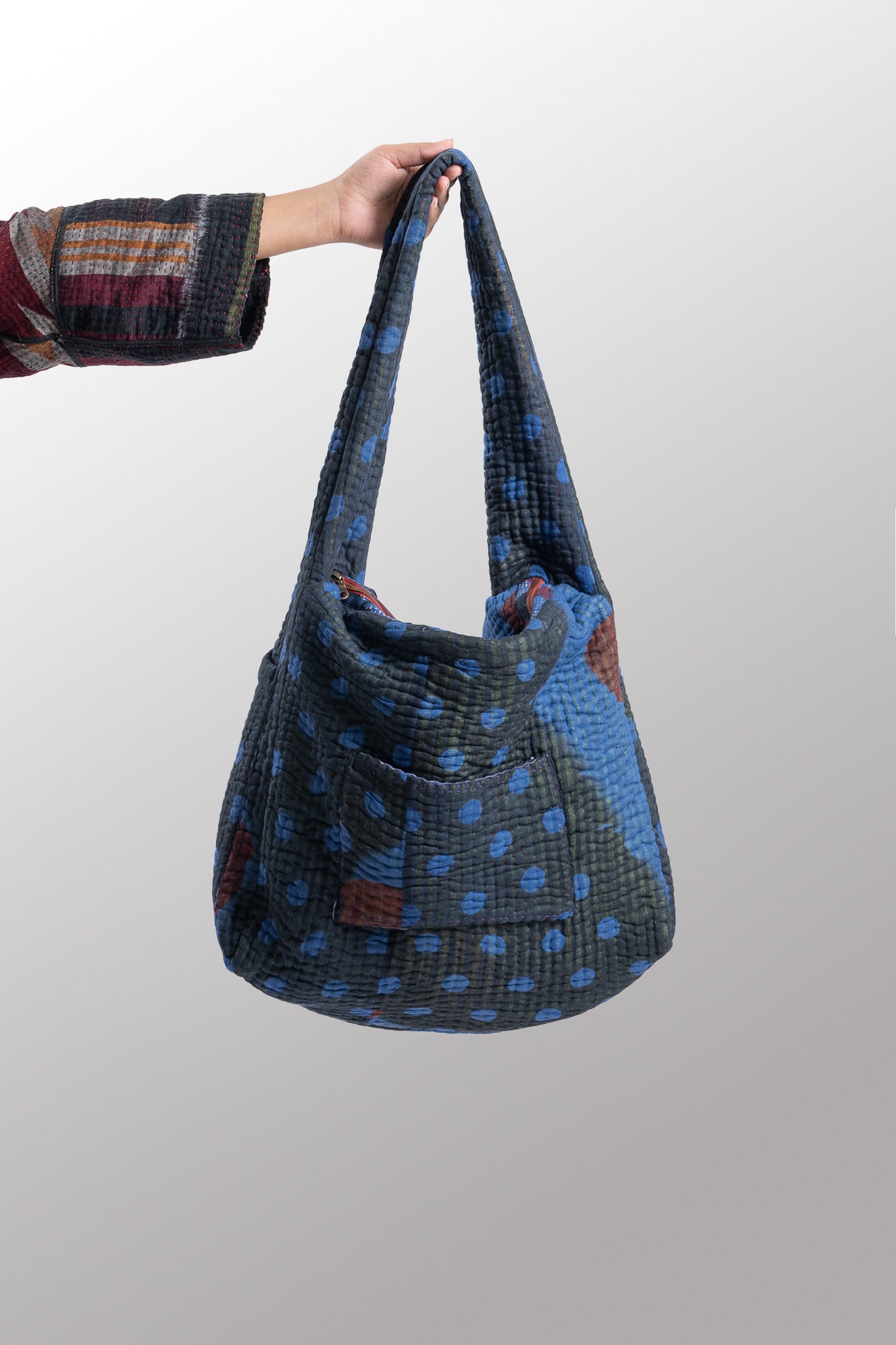 Quilted Over Dye Cotton Kantha Oversized Hobo Bag - mm-oq5870-cblu003a -