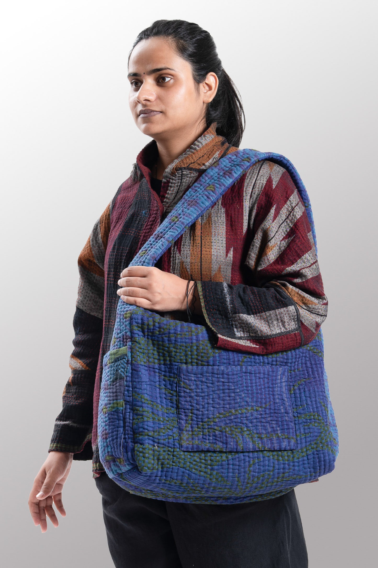 Quilted Over Dye Cotton Kantha Oversized Hobo Bag - mm-oq5870-cblu005a -