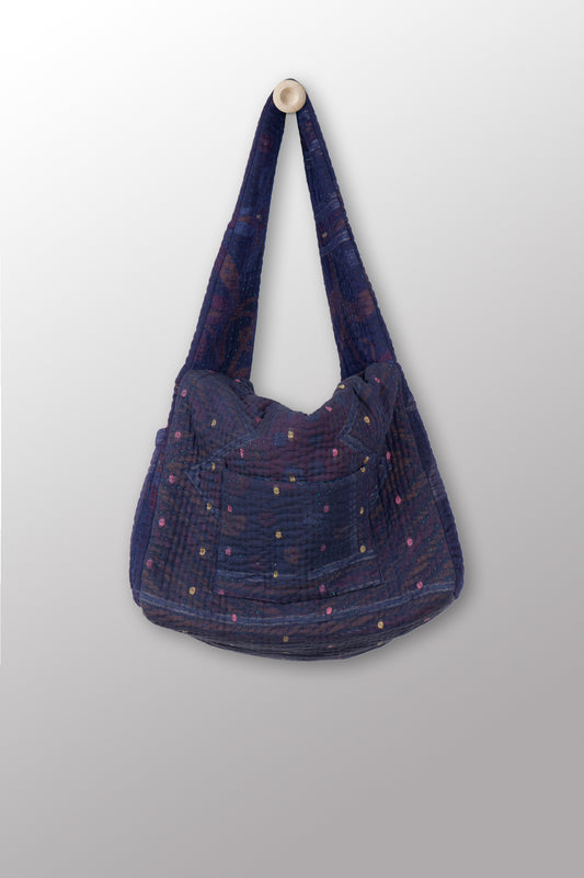 Quilted Over Dye Cotton Kantha Oversized Hobo Bag - mm-oq5870-cblu006a -