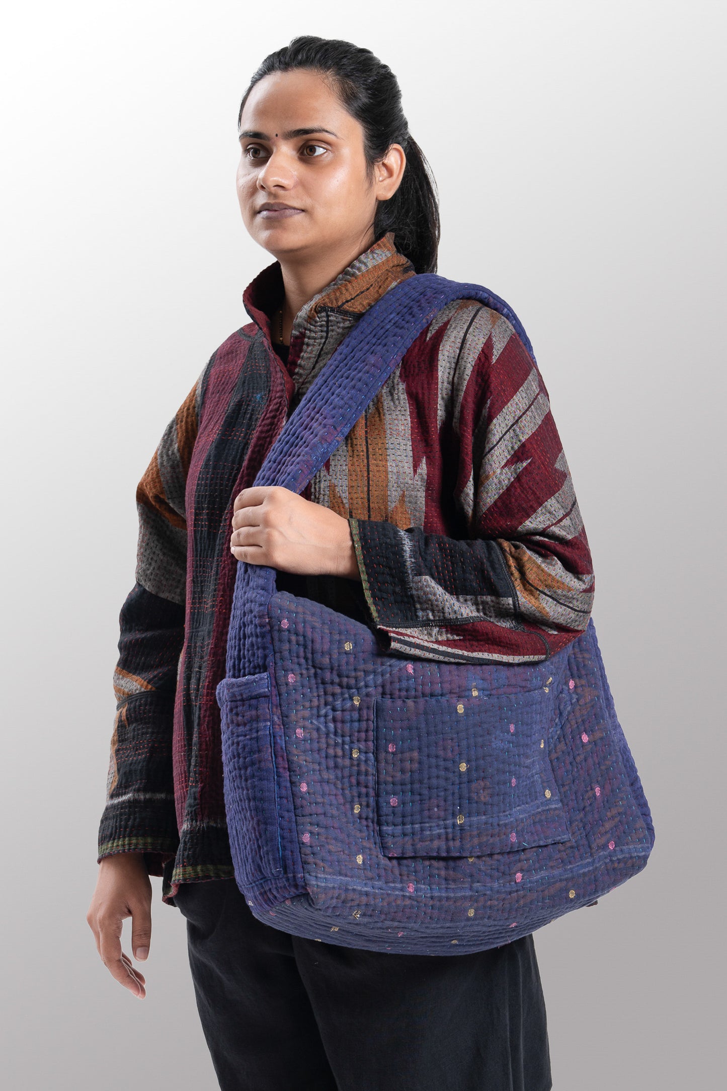 Quilted Over Dye Cotton Kantha Oversized Hobo Bag - mm-oq5870-cblu006a -