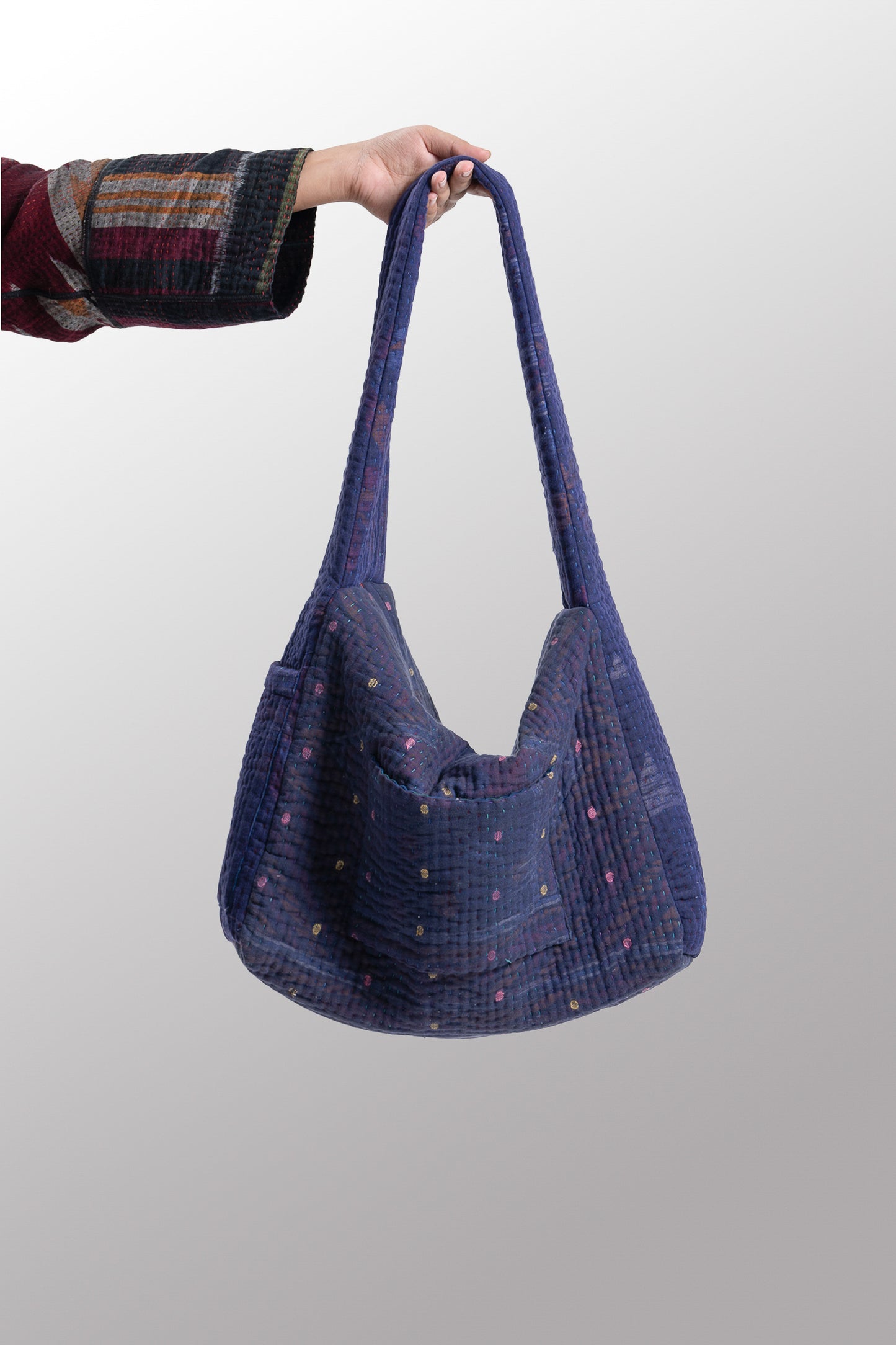 Quilted Over Dye Cotton Kantha Oversized Hobo Bag - mm-oq5870-cblu006a -