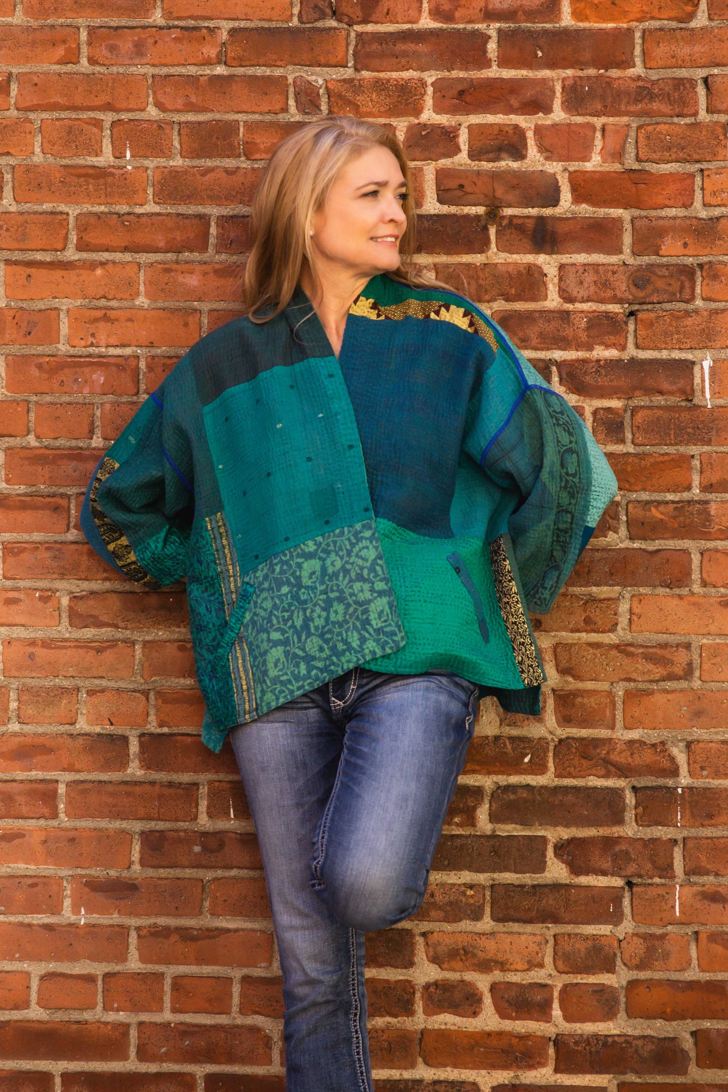 COTTON SILK SW PATCH KANTHA MINI KIMONO JKT - ws4055-tel -