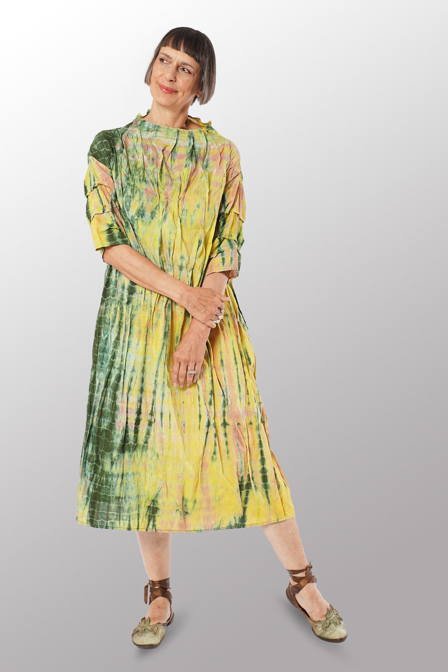 MONE SHIBORI TIE DYE FUNNEL NECK DRESS - ms1455-grn -