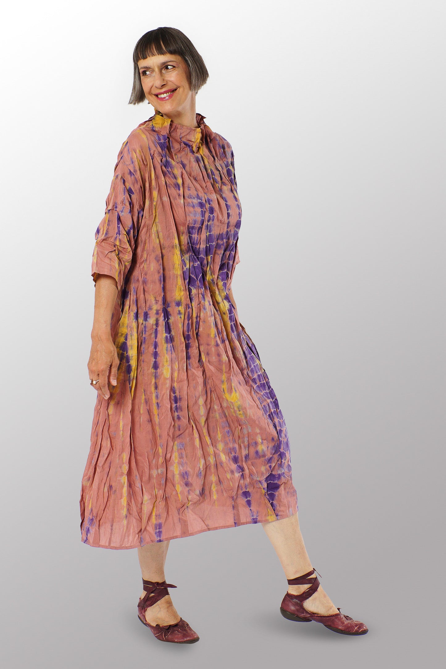 MONE SHIBORI TIE DYE FUNNEL NECK DRESS - ms1455-prp -