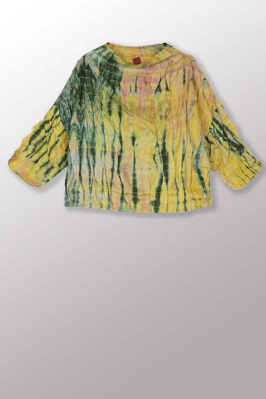 MONE SHIBORI TIE DYE WAVY TUCK FUNNEL NECK TOP - ms1582-grn -