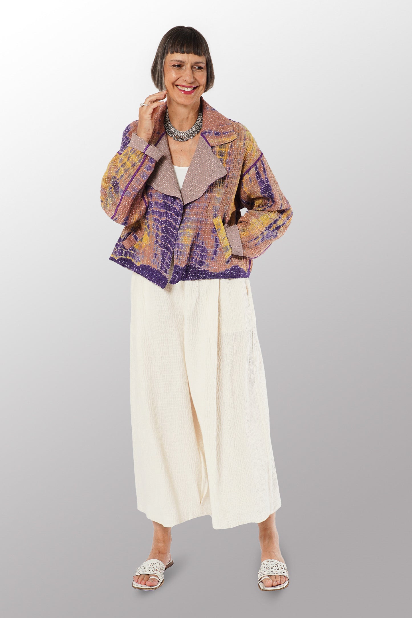 MONE SHIBORI TIE DYE KANTHA LAPELED SINGLE SHORT JACKET - ms5087-prp -