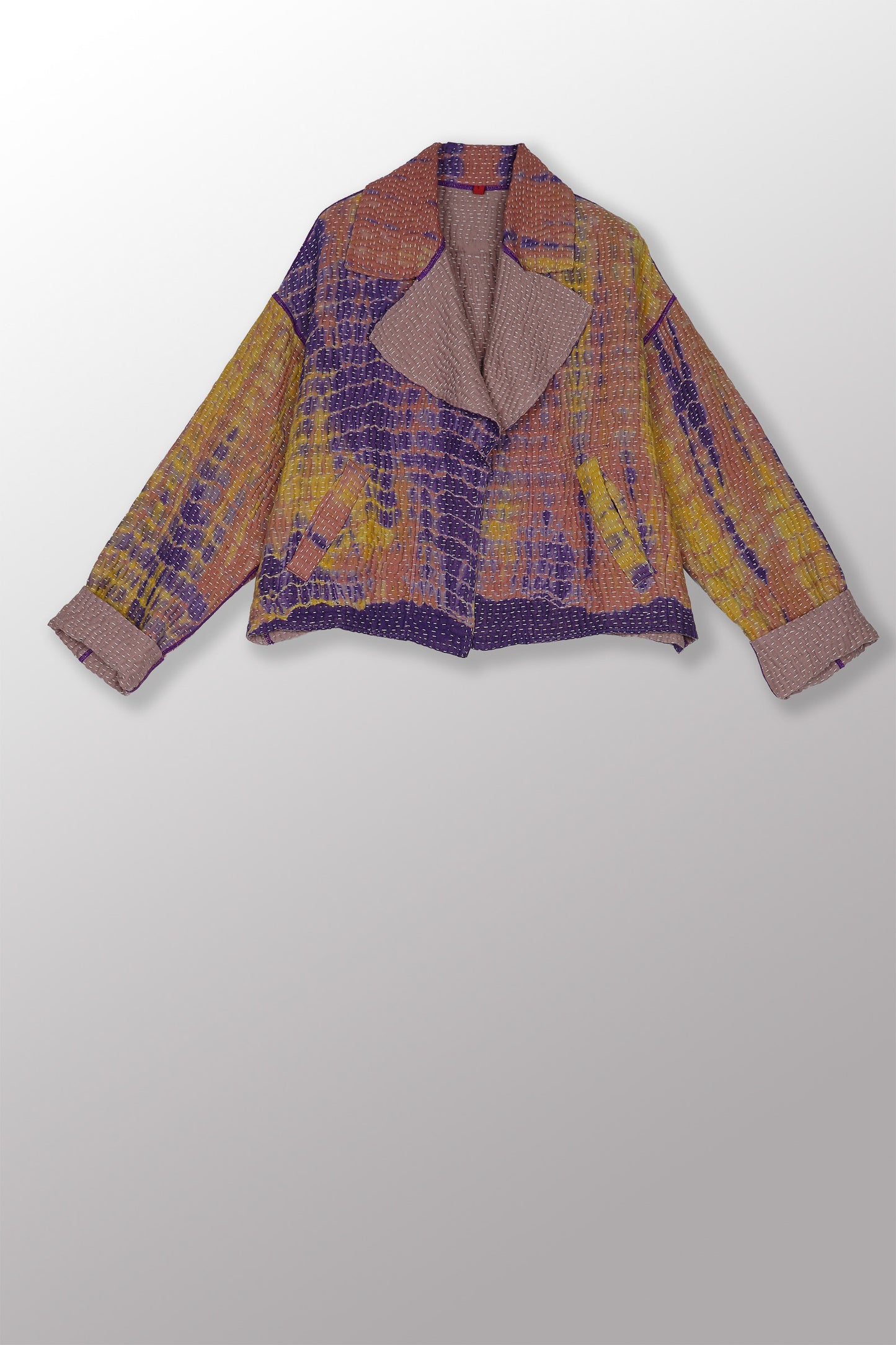 MONE SHIBORI TIE DYE KANTHA LAPELED SINGLE SHORT JACKET - ms5087-prp -