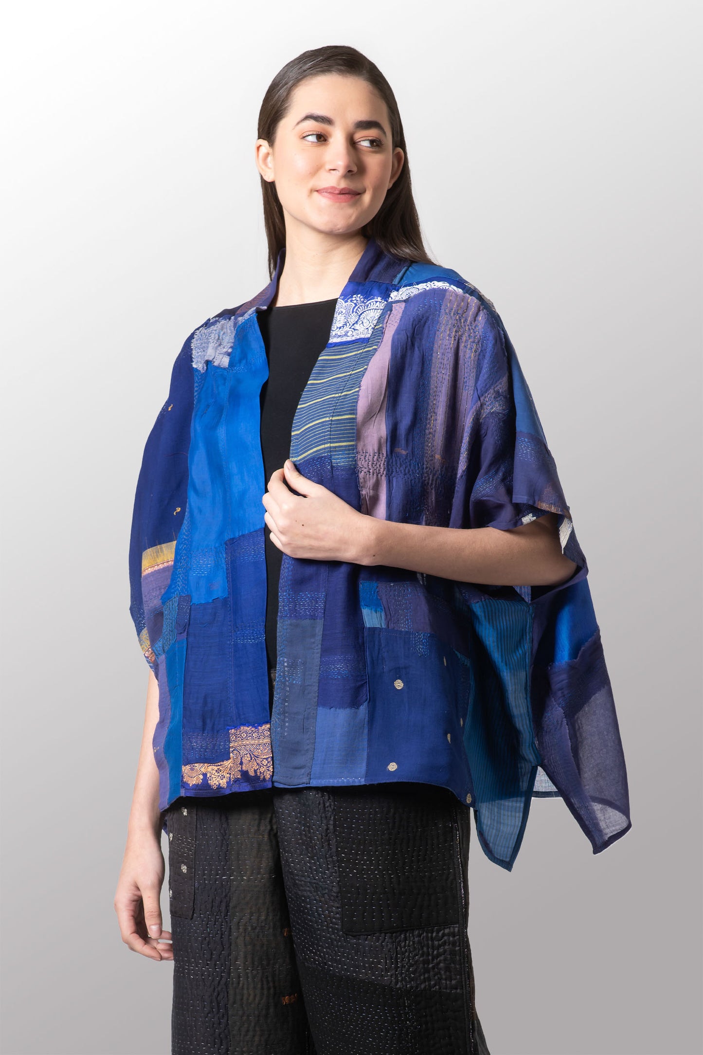 MOSAIC TILE PATCH KANTHA PONCHO TOP - mt1568-blu -